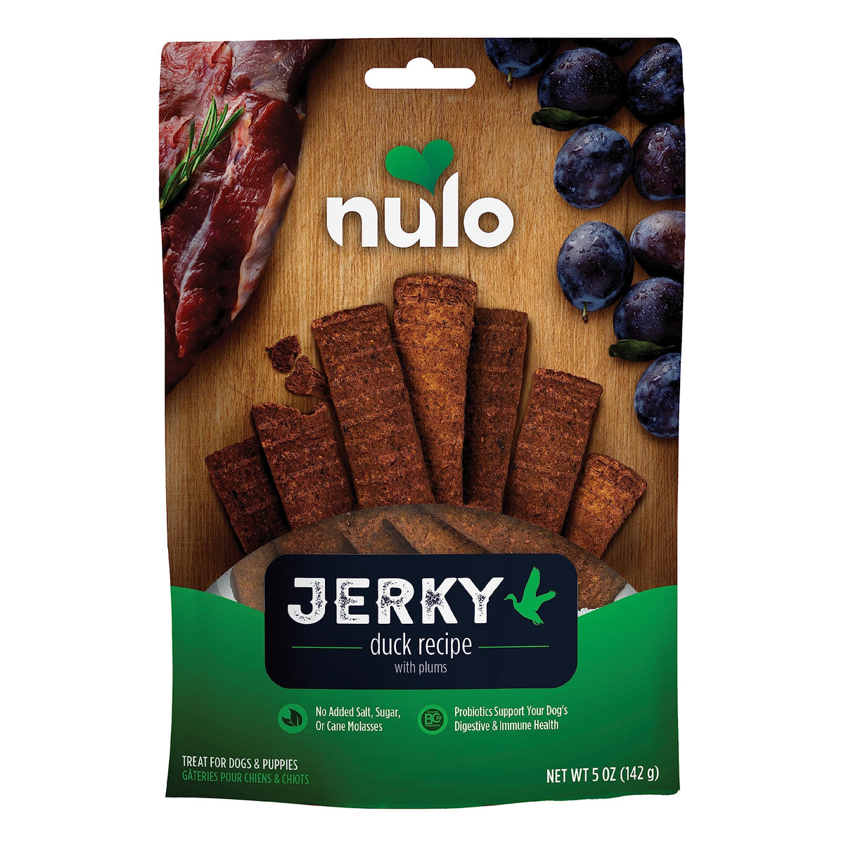Nulo Jerky Premium Canard-Plums – récompense lors d'un entraînement.