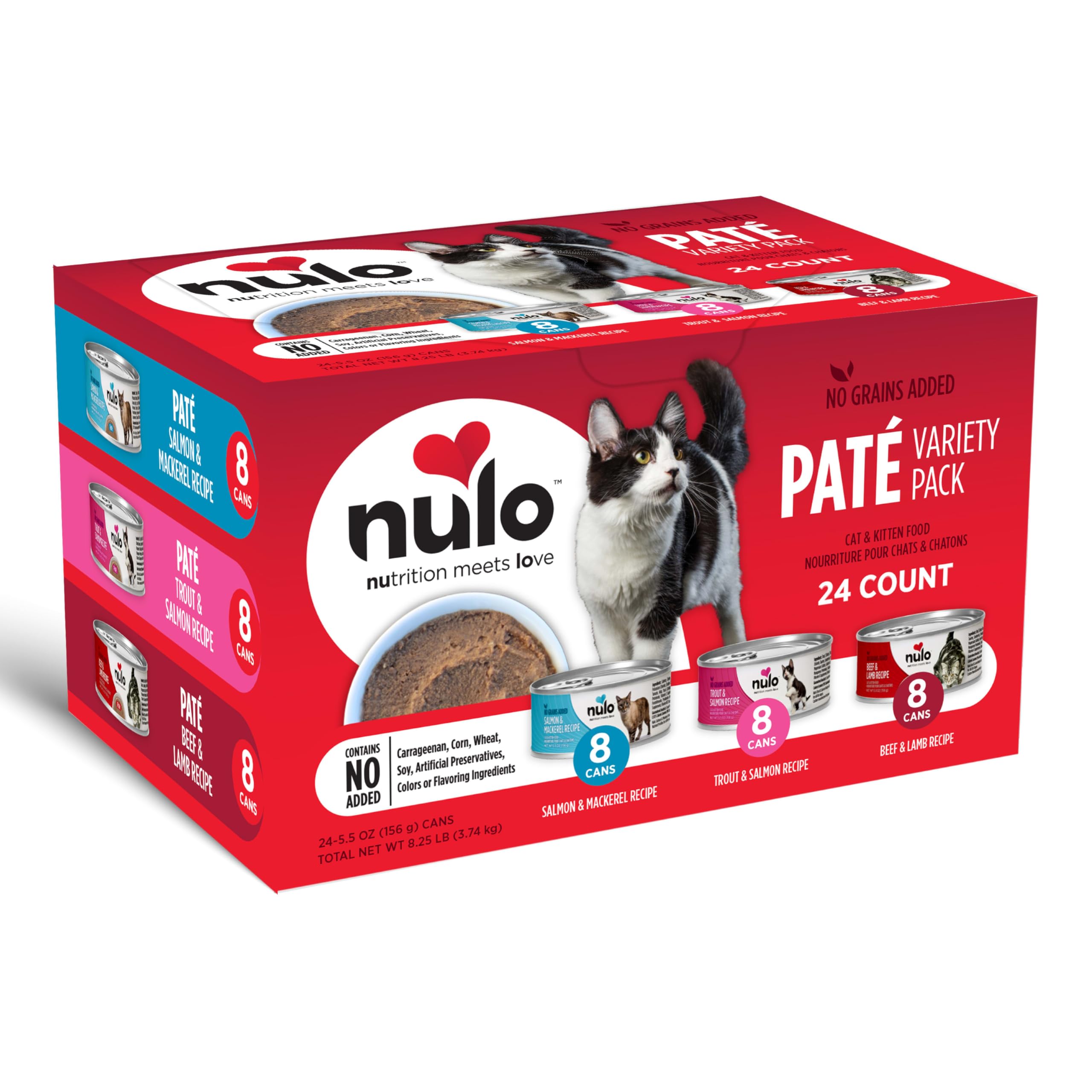 Pack varié Nulo Pâté pour chats, 24 boîtes, pratique au quotidien.