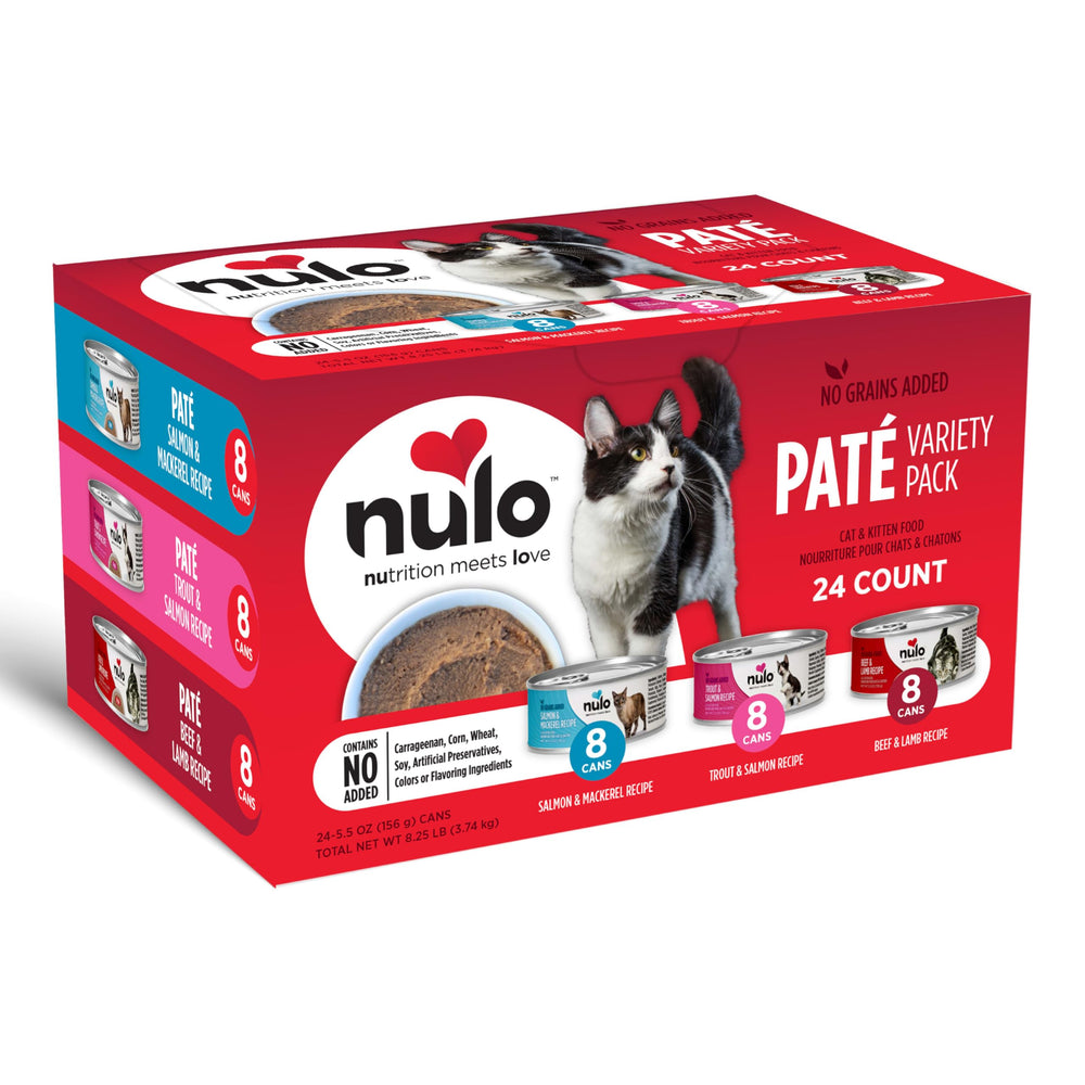 Pack varié Nulo Pâté pour chats, 24 boîtes, pratique au quotidien.