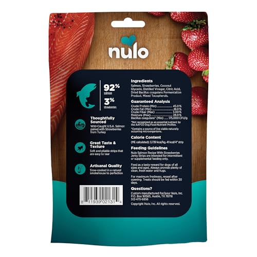 Nulo Jerky: saumon premier ingrédient et fraises, saveur naturelle.