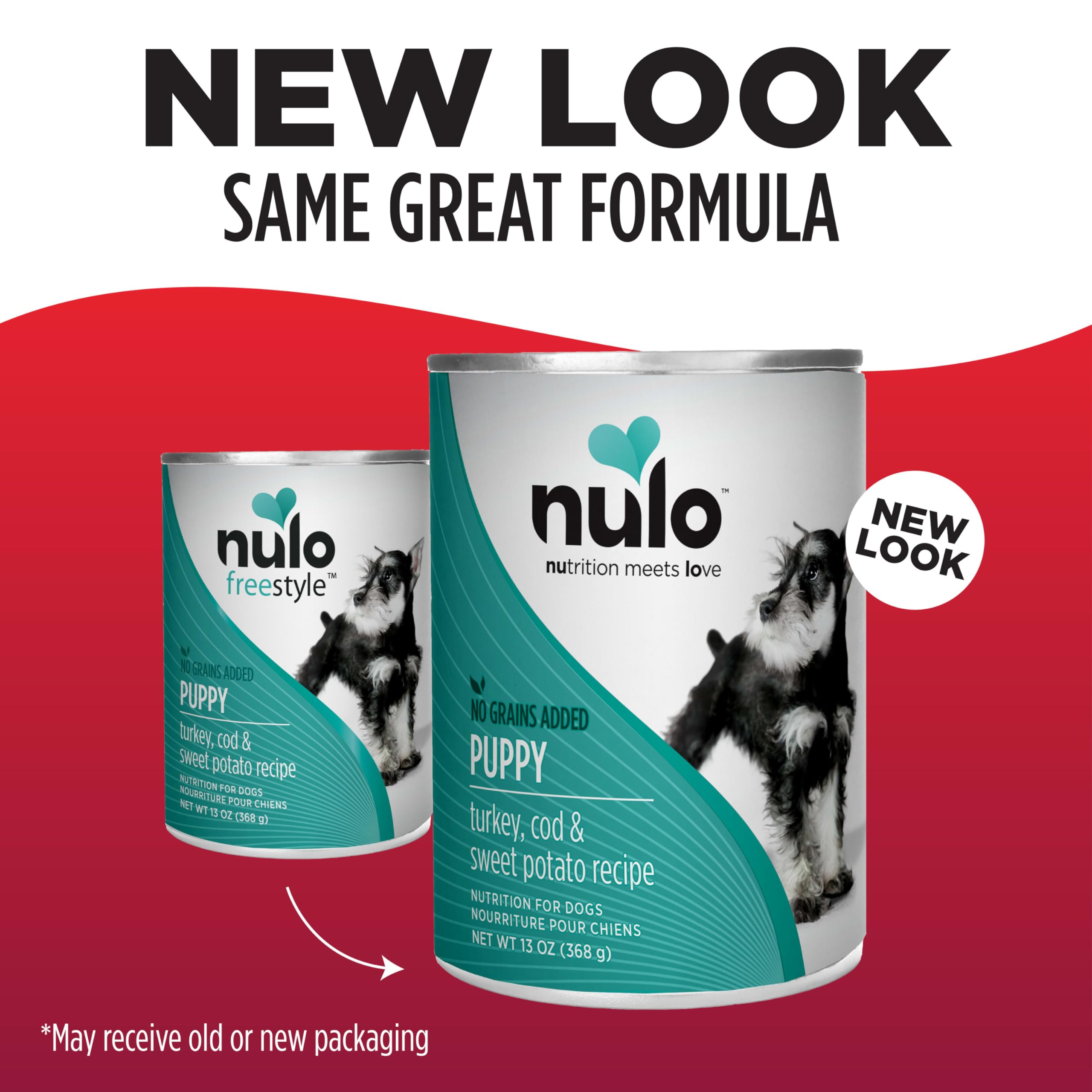 Texture humide Nulo pour chiot avec dinde morue patate douce, étiquette visible.