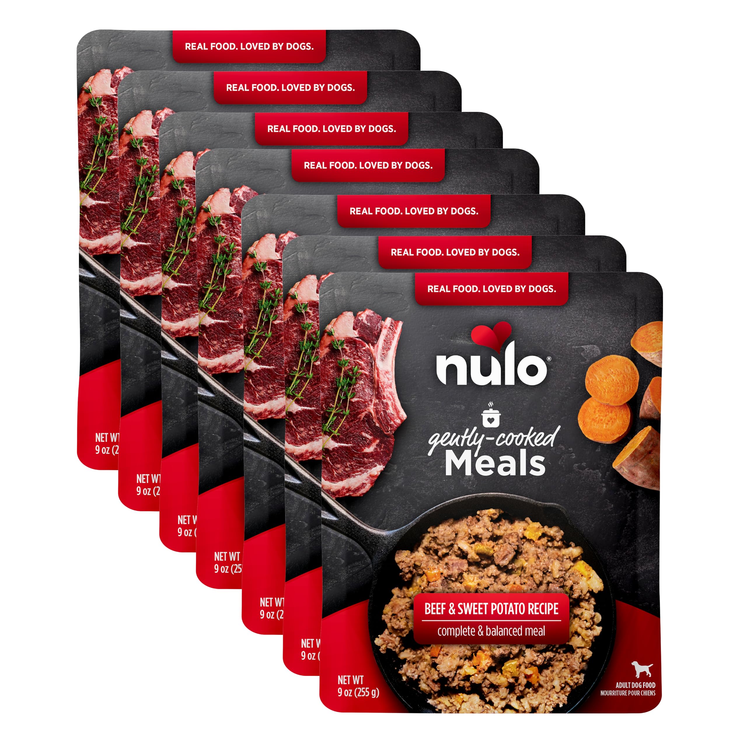 Repas humide Nulo en poche avec boeuf et patate douce, pratique et savoureux pour chien.