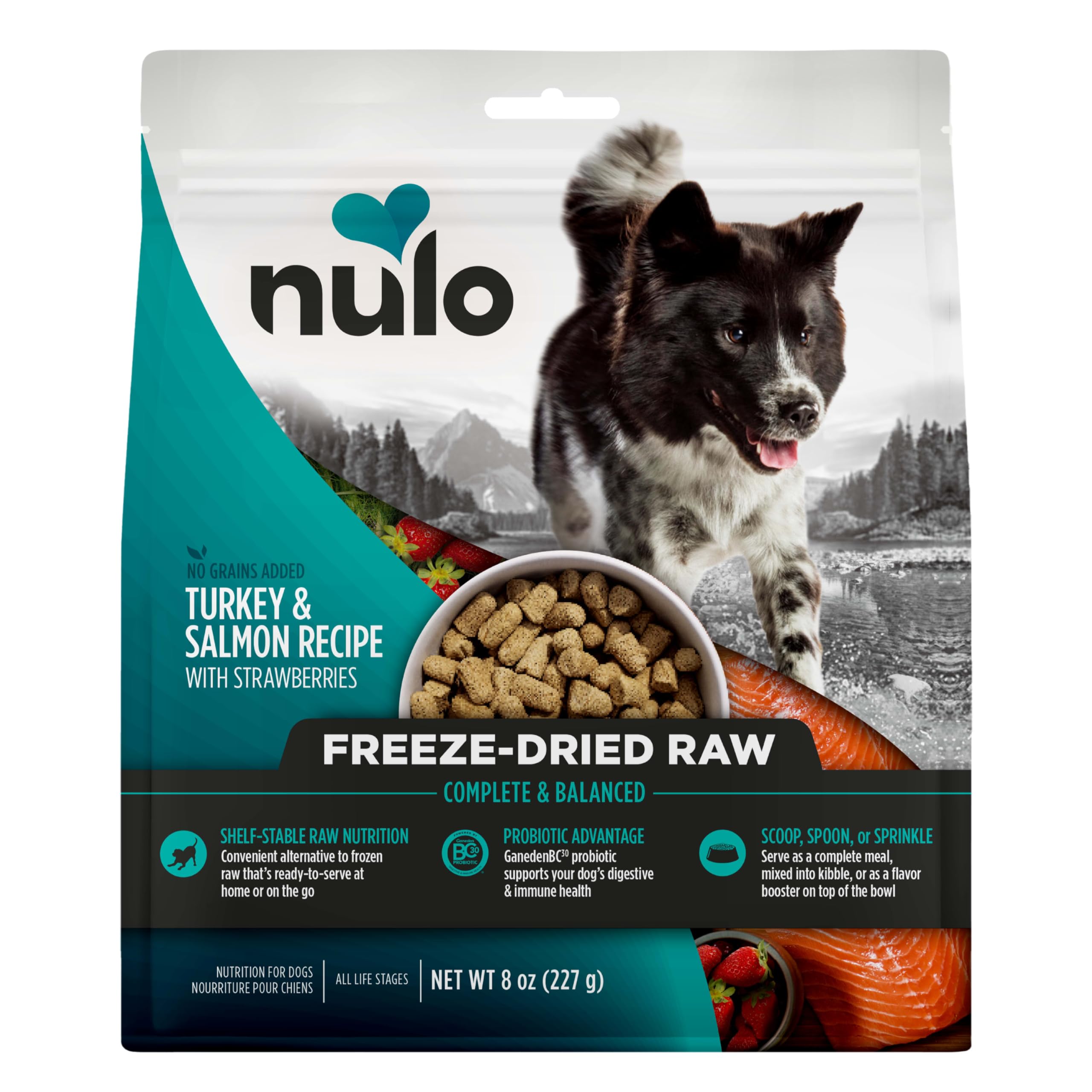 Nulo sachet sec cru dinde saumon fraises, prêt à l'emploi pour chien.