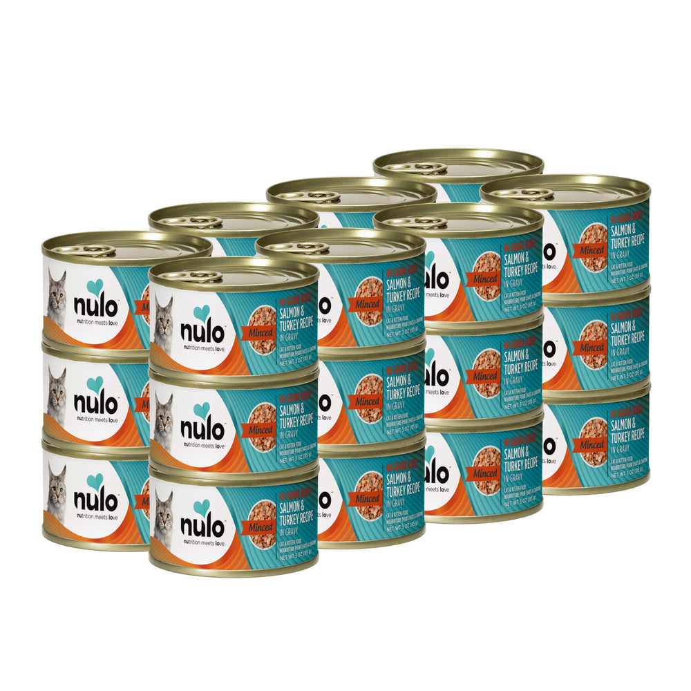 Nulo Saumon et Dinde haché en conserve, protéines de qualité pour l'énergie quotidienne.