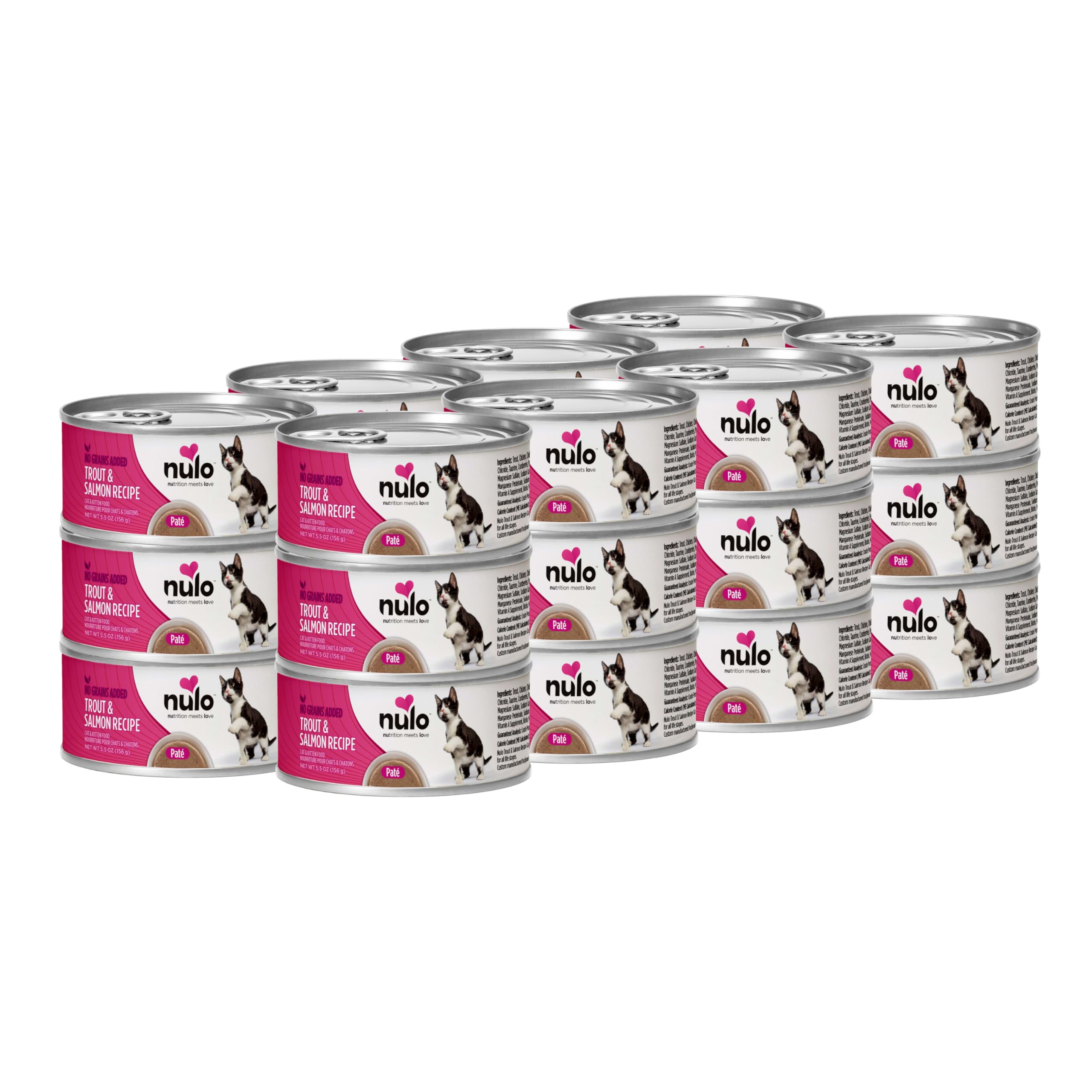 Pâté Nulo Truite-Saumon pour chat, texture riche et protéines de qualité.