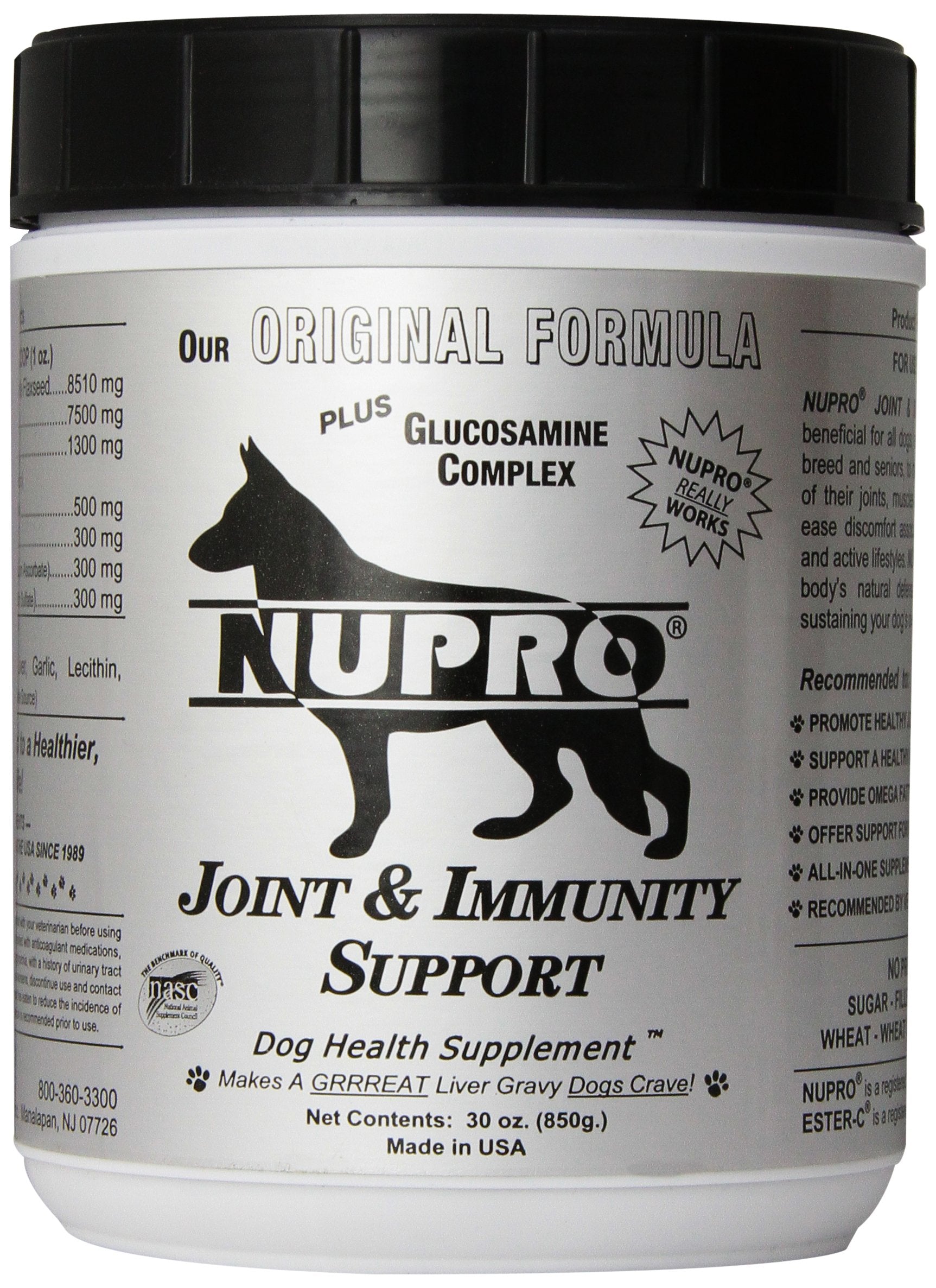 Nupro Joint Support — bouteille montrée, soutien potentiel des articulations pour chiens actifs.