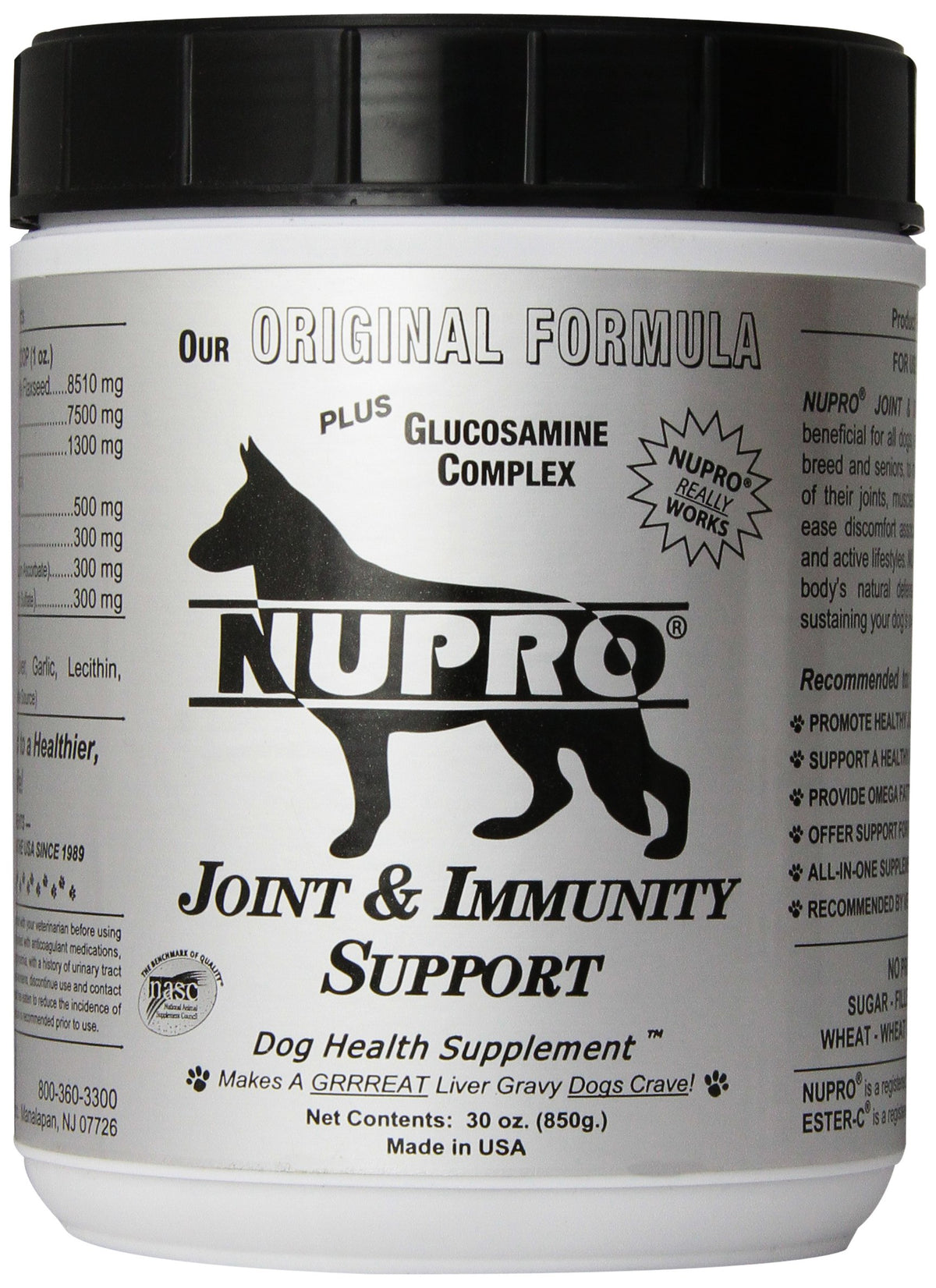 Nupro Joint Support — bouteille montrée, soutien potentiel des articulations pour chiens actifs.