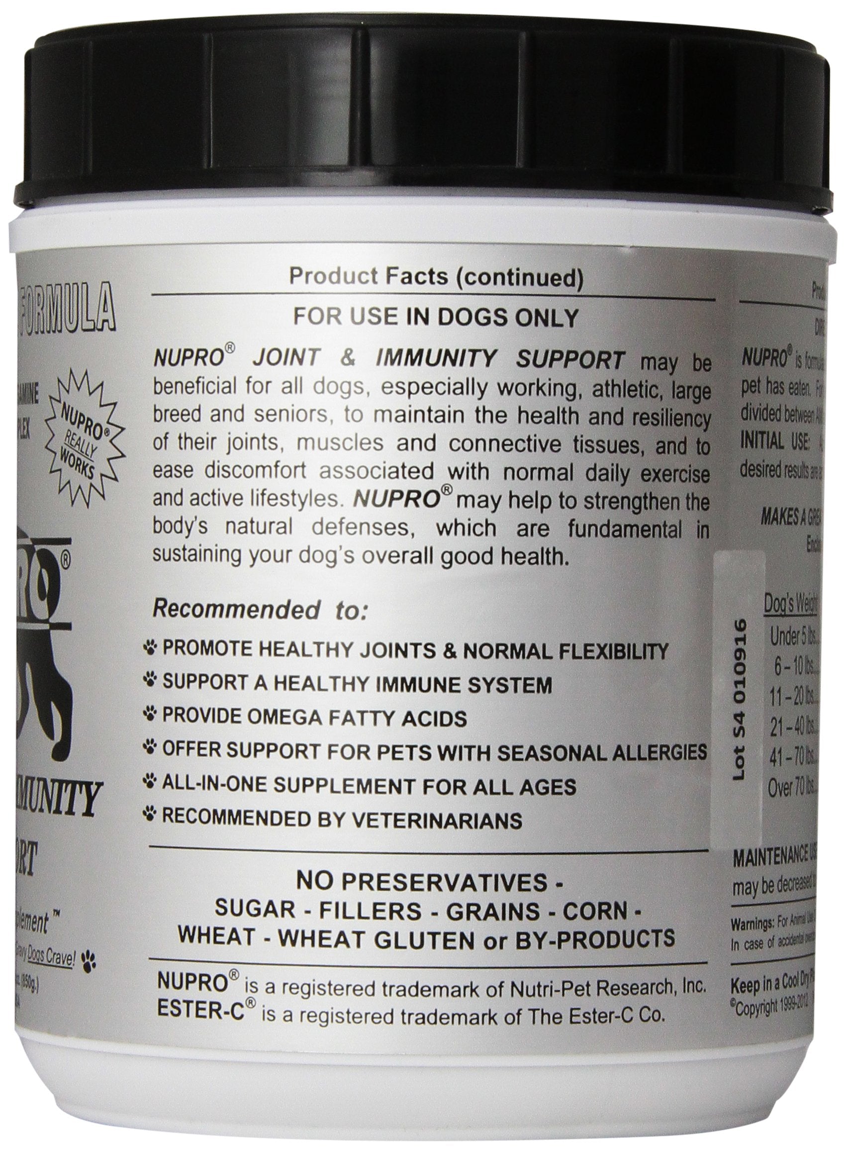 Nupro Joint Support — doseur visible, facilitation des portions quotidiennes pour chiens actifs.