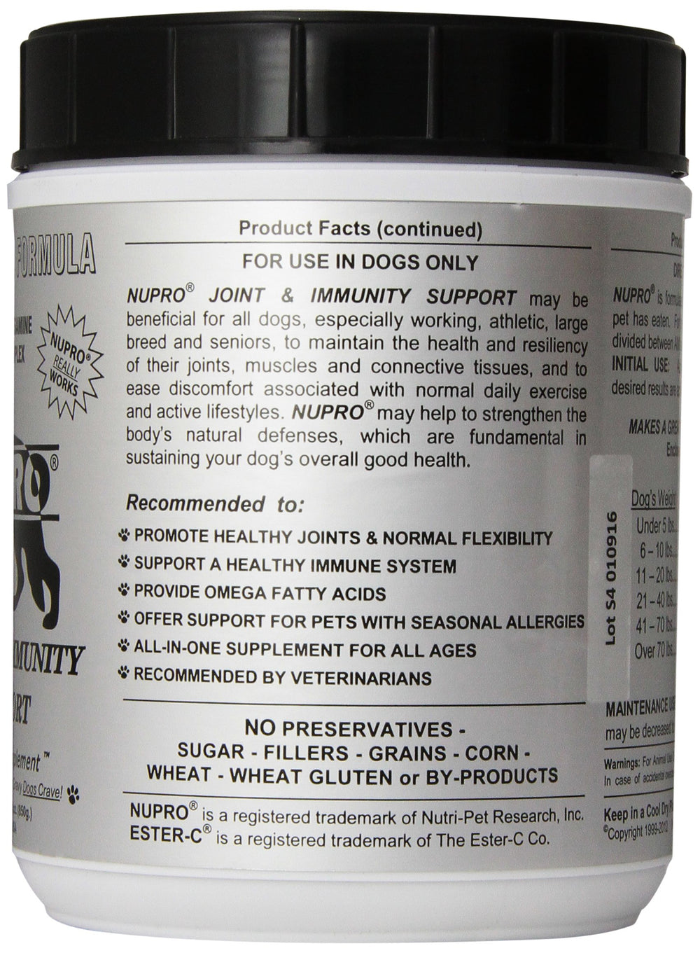 Nupro Joint Support — doseur visible, facilitation des portions quotidiennes pour chiens actifs.