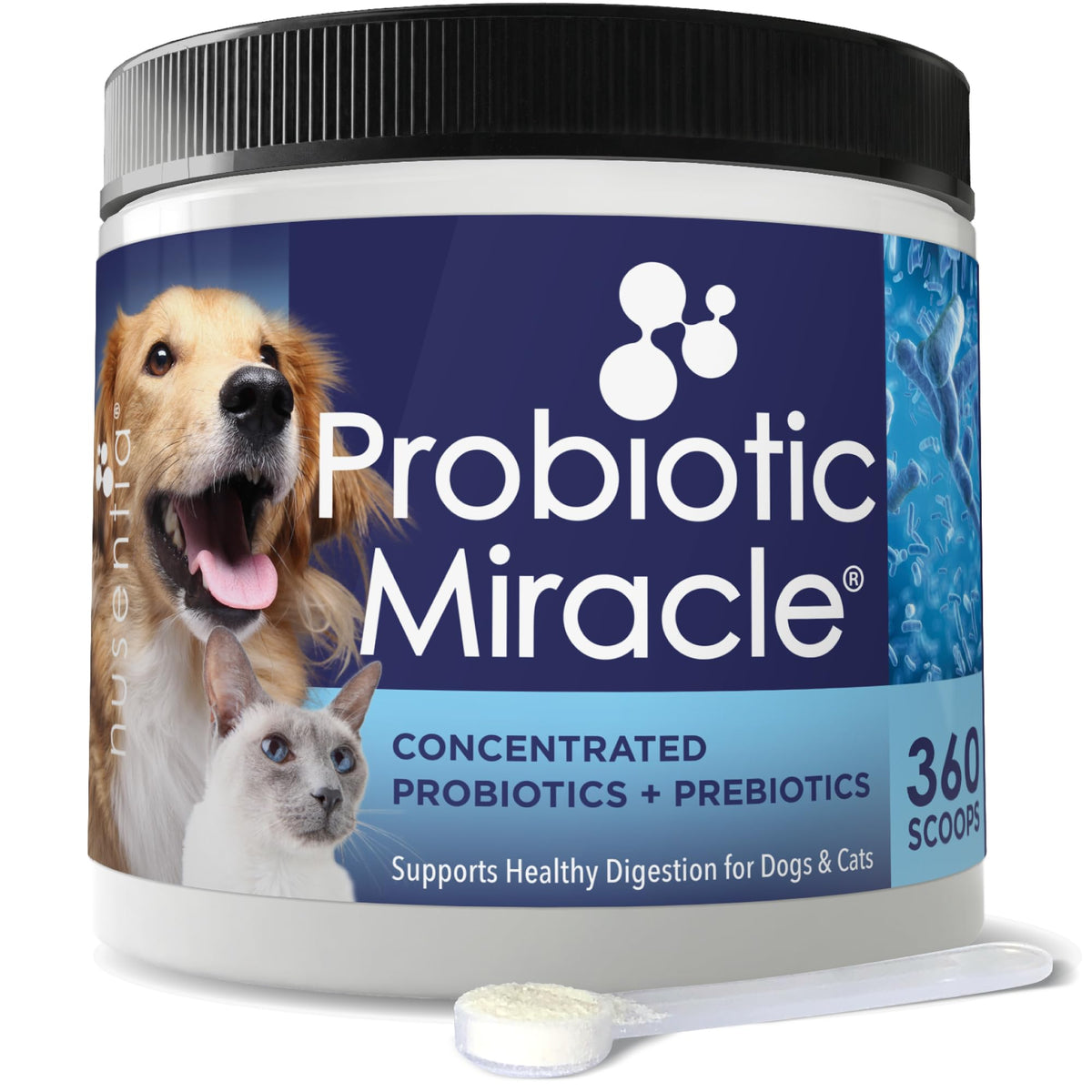 Nusentia Probiotic Miracle : bouteille 360 portions pour chiens et chats.