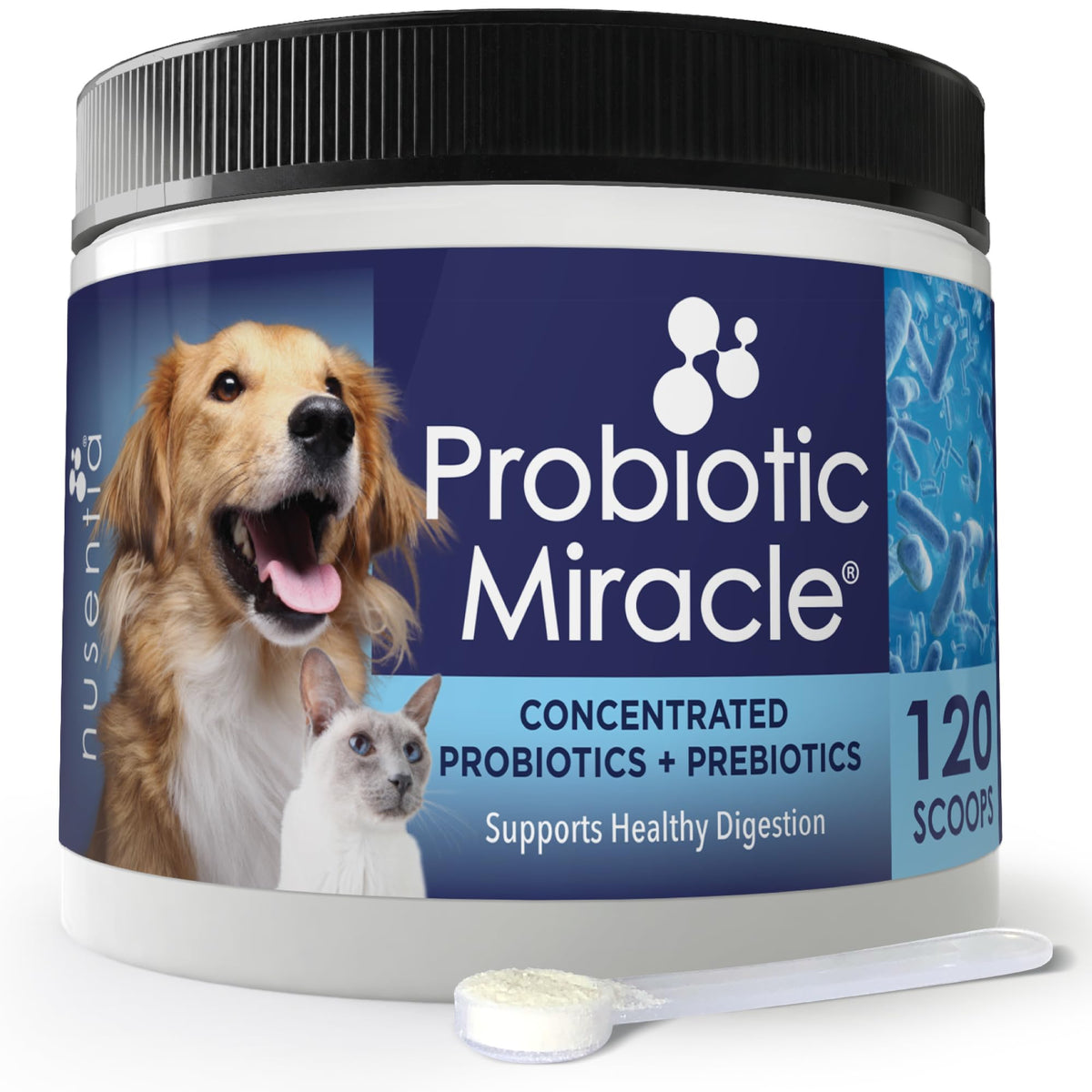 NUSENTIA Probiotiques – Flacon original, soutien digestif potentiel pour chiens et chats.