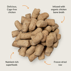 Nutra Morsels poulet, ingrédients sains visibles, pour un apport en protéines lors des friandises.