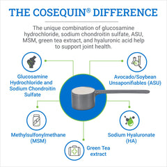 Nutramax Cosequin ASU poudre: fiche d'étiquette claire sur les ingrédients clés.