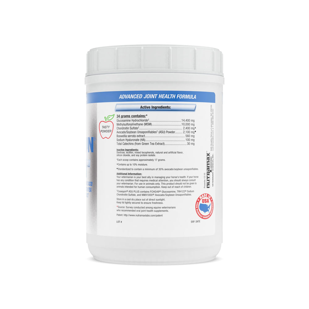 Nutramax Cosequin ASU poudre avec sachet: dosage pratique pour des sessions régulières.
