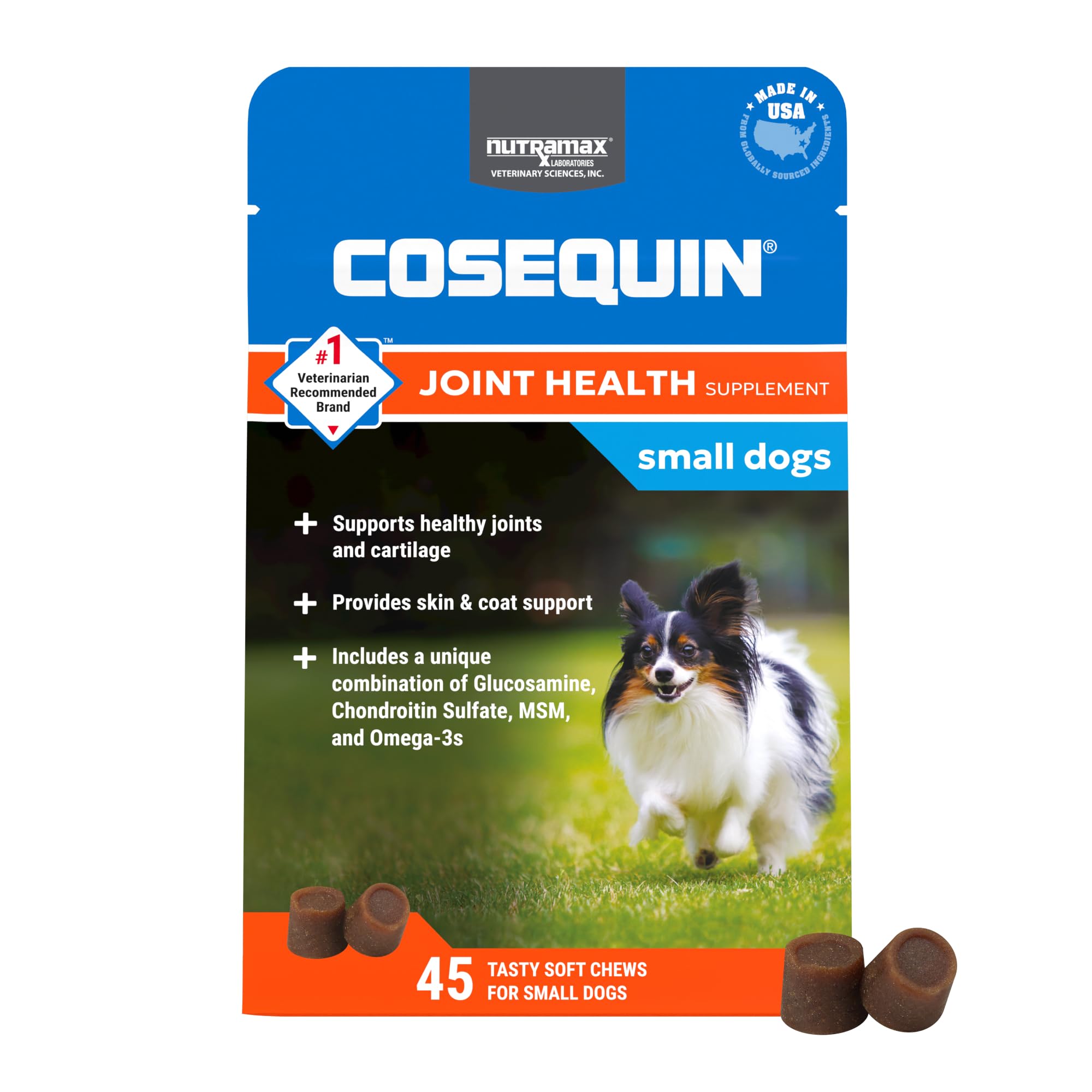 Nutramax Cosequin Minis pour petits chiens, boîte de friandises molles faciles à administrer.