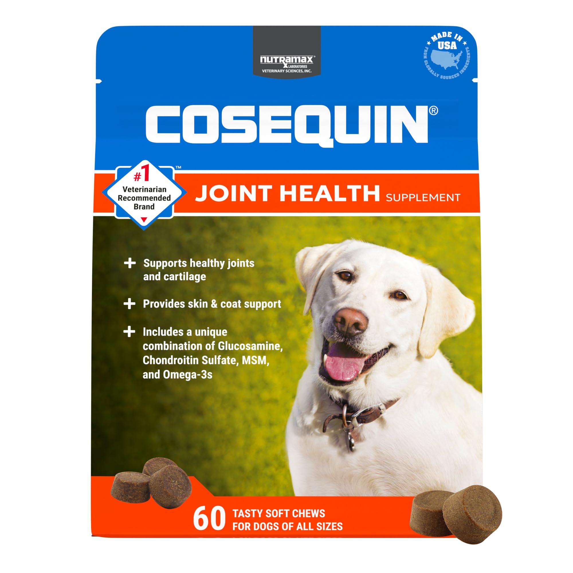 Nutramax Cosequin paquet de bouchées douces pour chien, pratique à administrer.