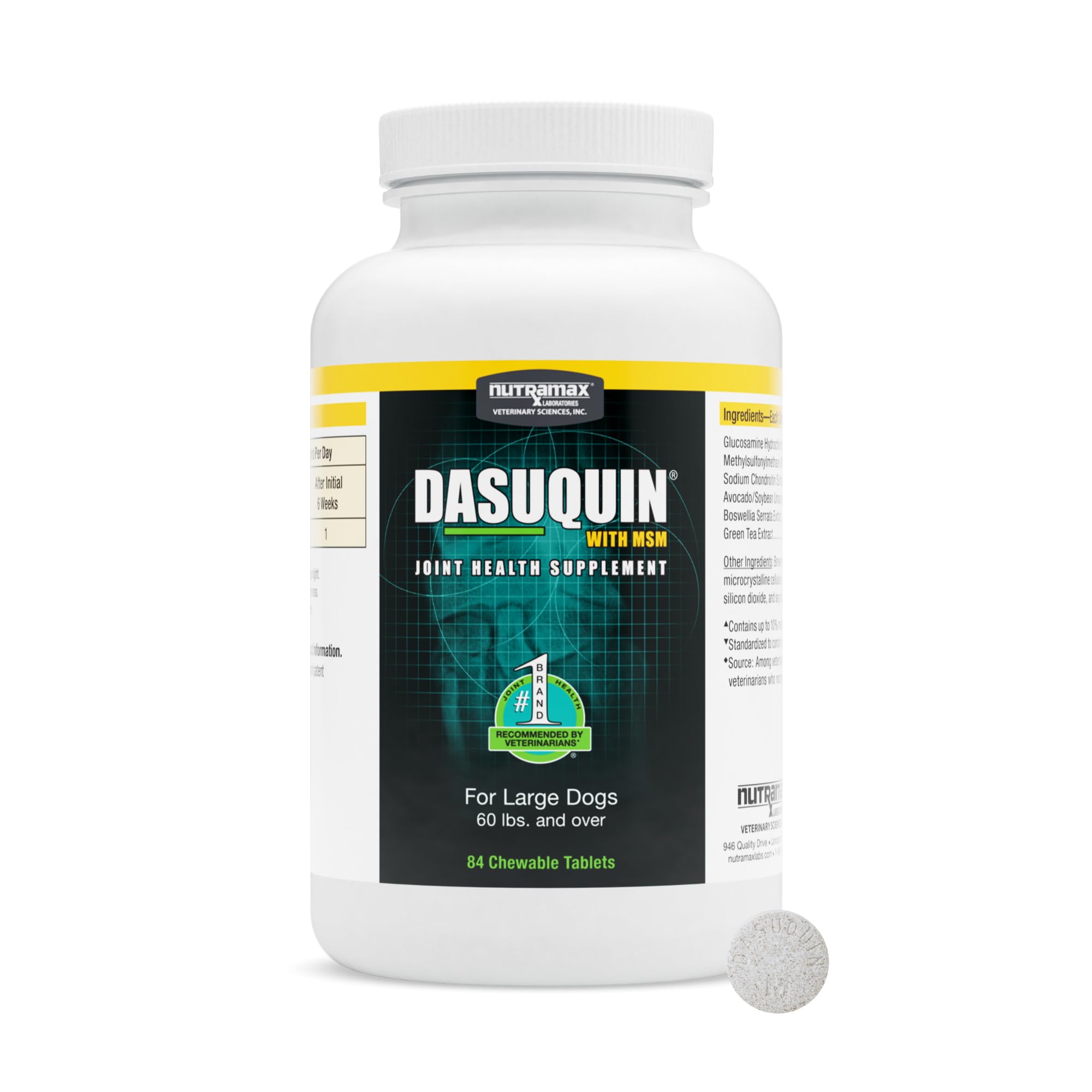 Nutramax Dasuquin – comprimé masticable quotidien, administration facile et soutien potentiel des articulations.