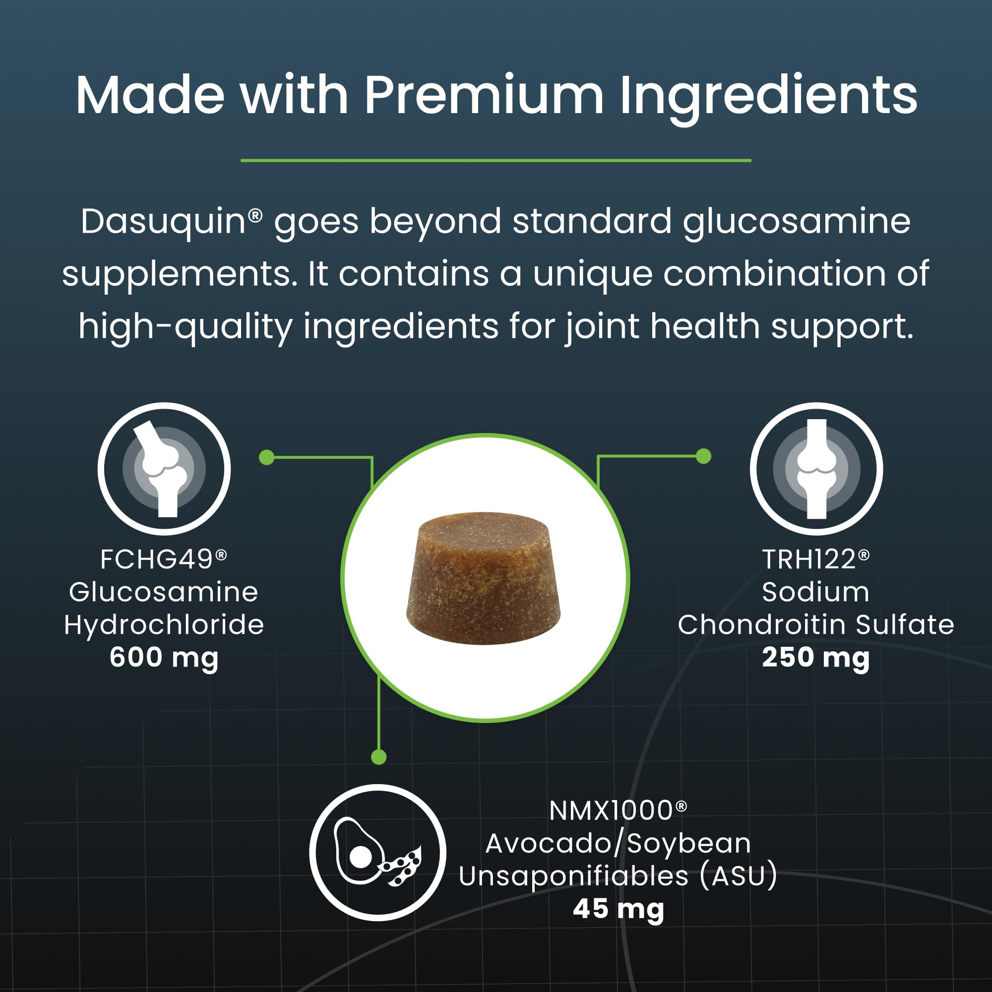 Nutramax Dasuquin étiquette qualité et fabrication américaine.