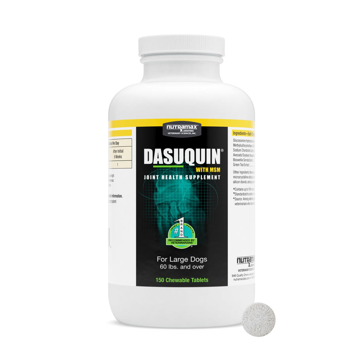 Nutramax Dasuquin grand chien – emballage et etiquette, soutien articulaire potentiel.