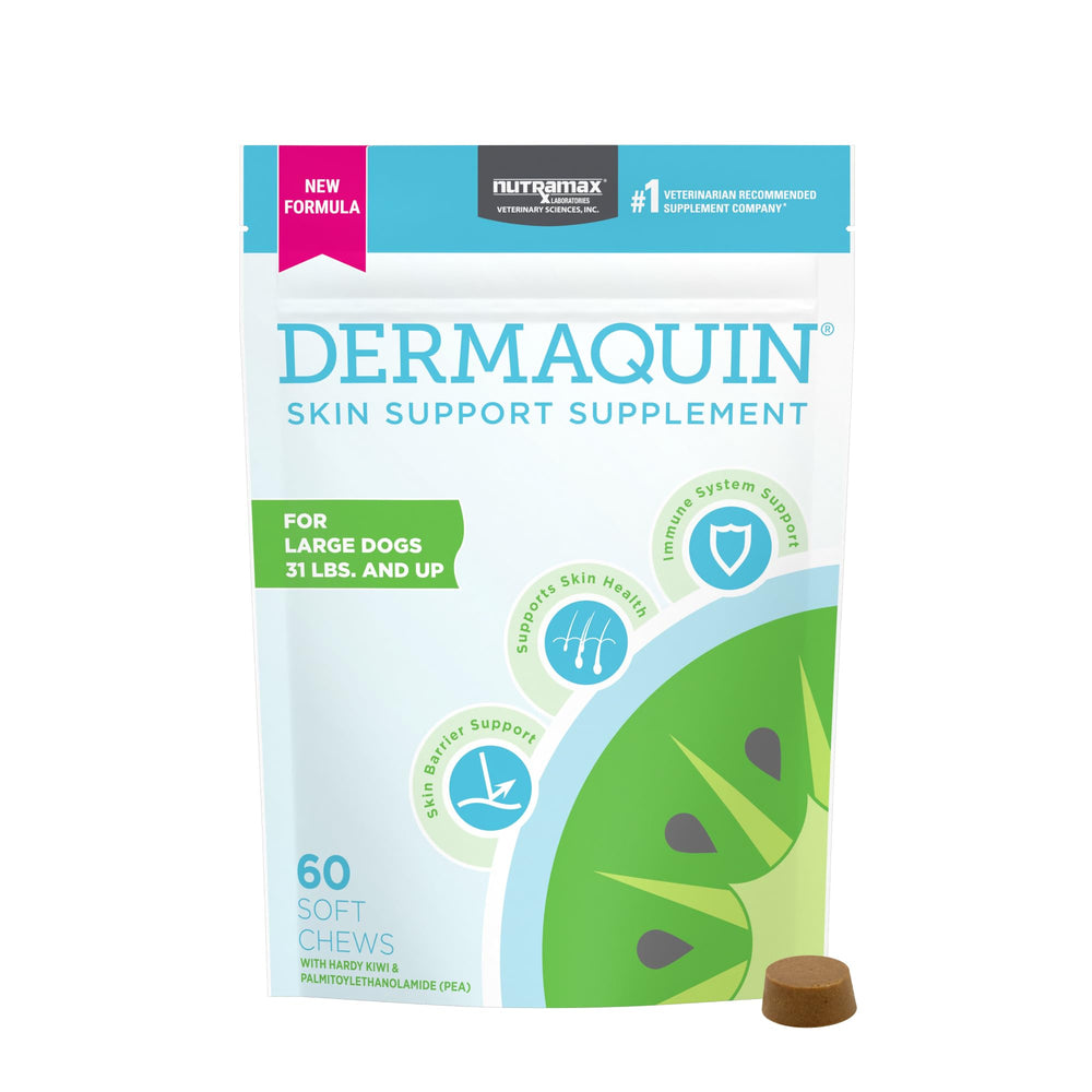 Boîte Nutramax Dermaquin, friandises molles pour chiens, soutien potentiel à la peau et aux défenses.