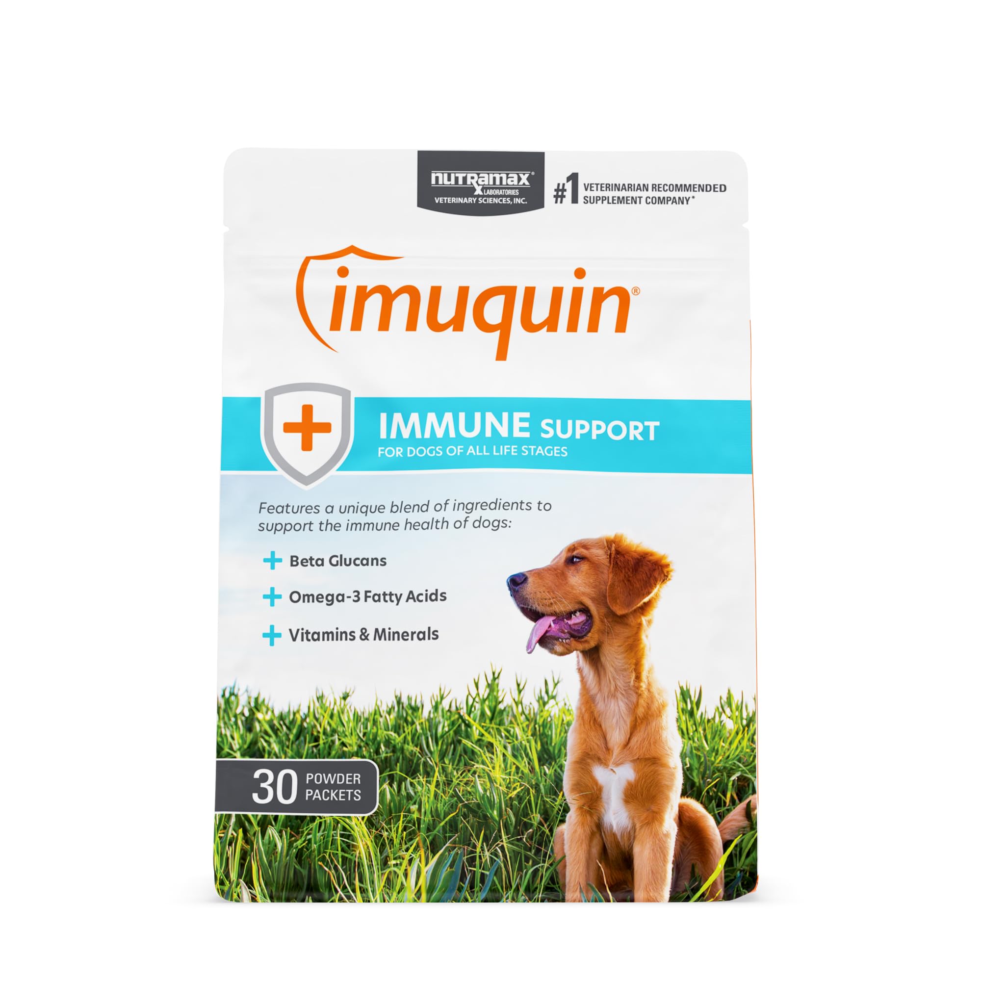 Imuquin Nutramax: sachet poudre prêt à être ajouté au repas, soutien immunitaire.