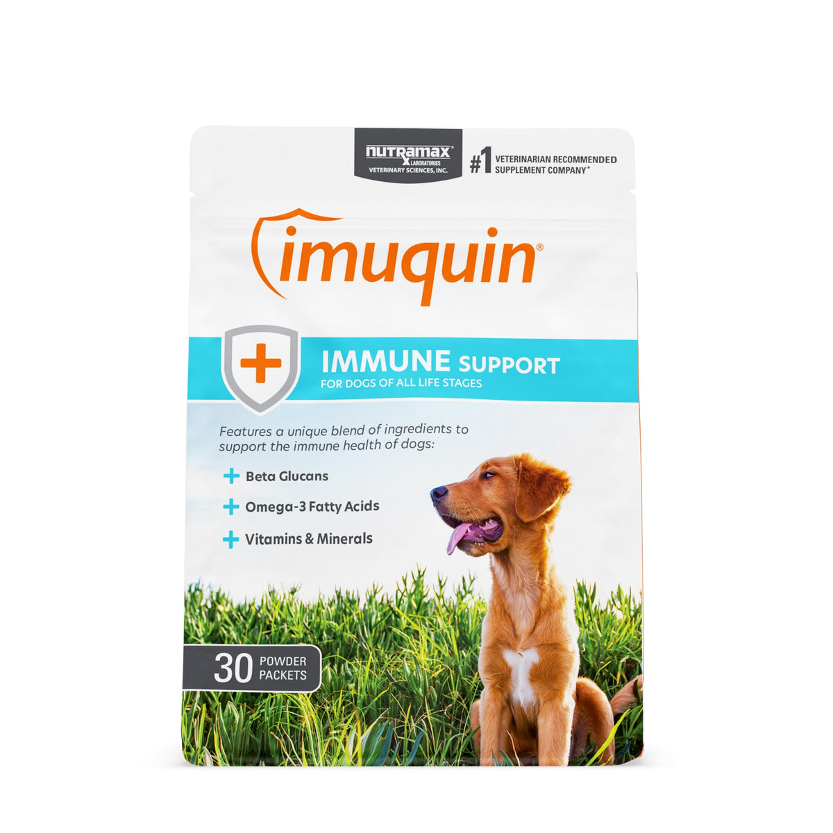 Imuquin Nutramax: sachet poudre prêt à être ajouté au repas, soutien immunitaire.