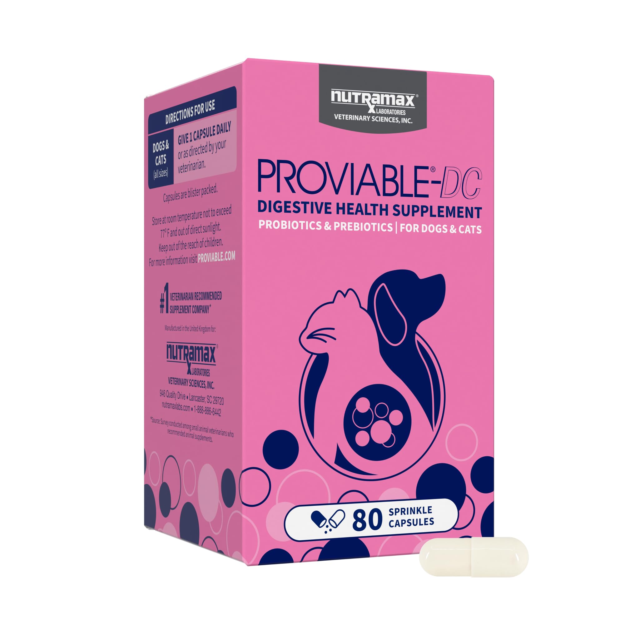 Nutramax Proviable: capsules multi-souches pour soutenir l’équilibre intestinal.
