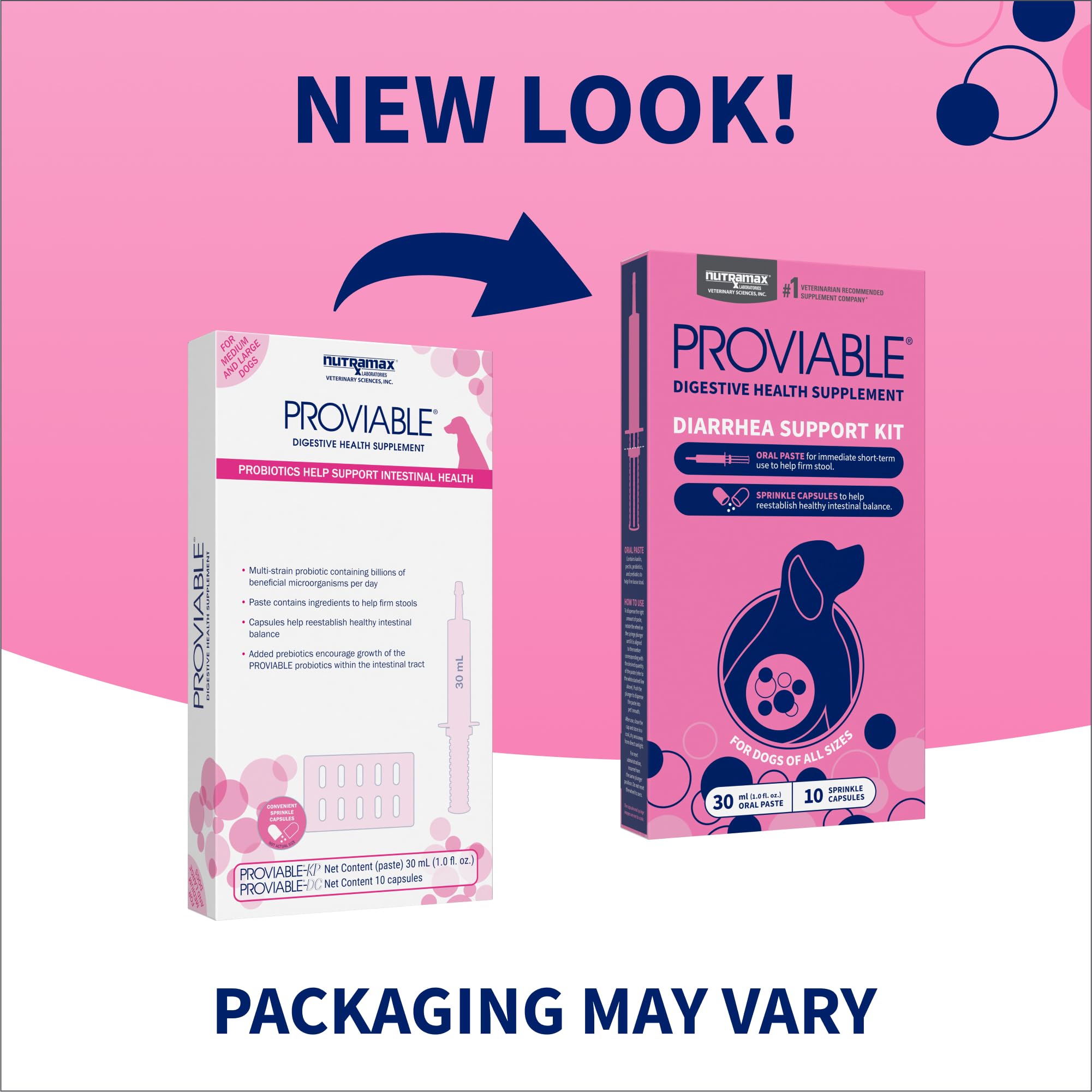 Capsules probiotiques Nutramax Proviable pour chien, faciles à saupoudrer sur la nourriture.