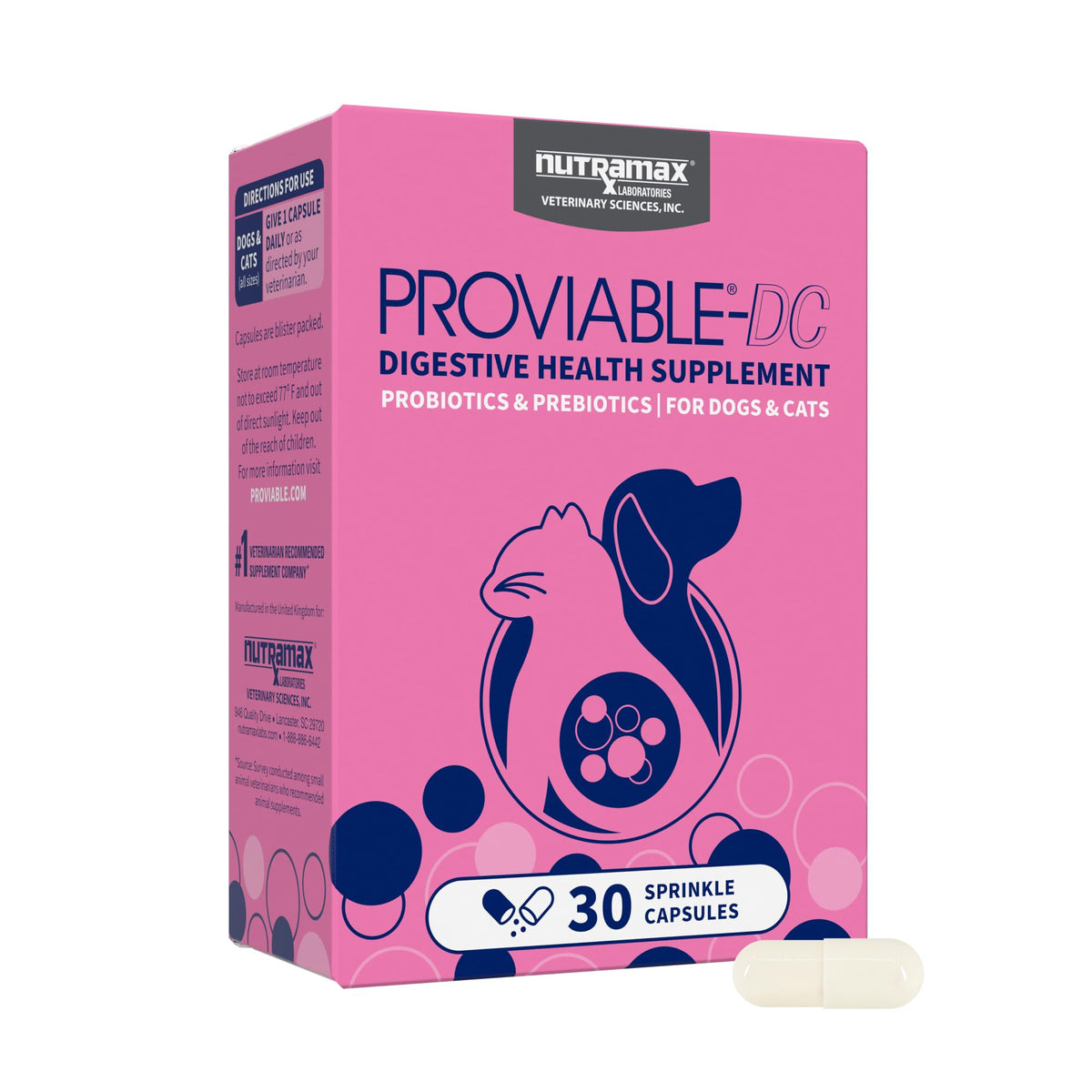 Nutramax Proviable: capsules probiotiques pour chiens et chats, soutien digestif.