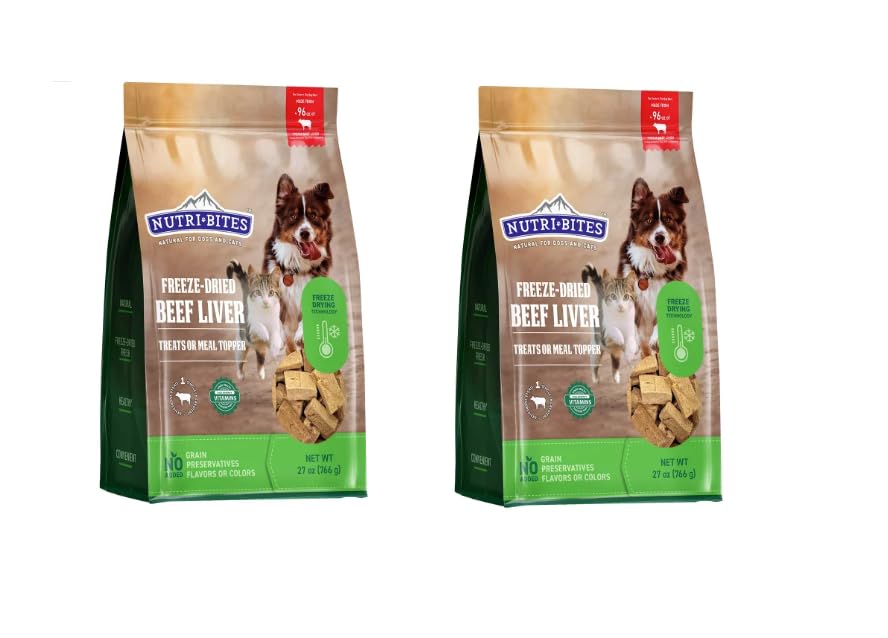 Nutri Bites emballage foie de boeuf lyophilise, friandise proteinee pour chiens et chats.