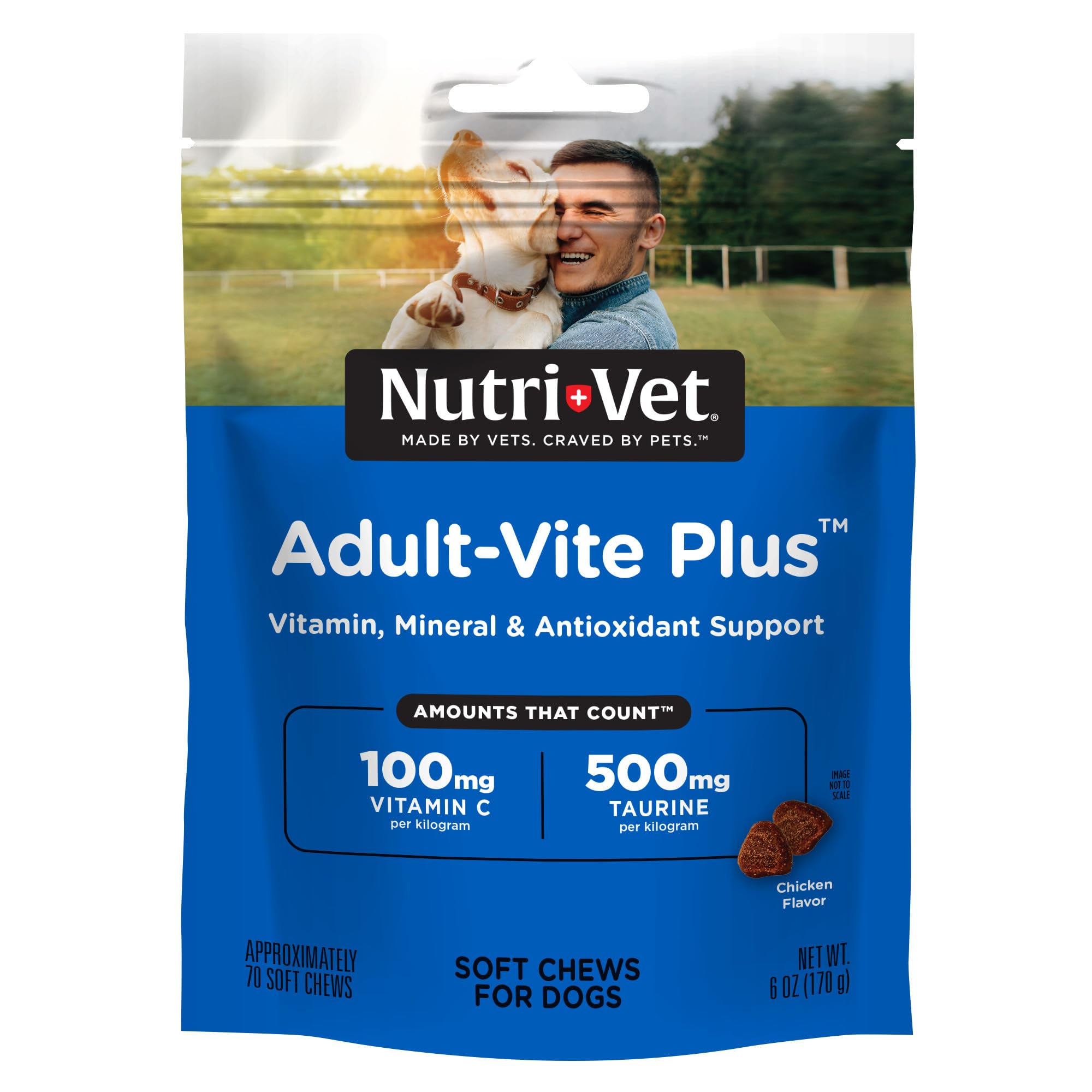Nutri-Vet Adult-Vite Plus: bouteille affichant le complément quotidien pour chiens actifs.