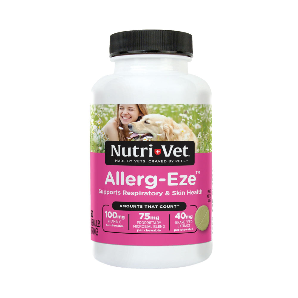 Nutri-Vet Allerg-Eze, comprimés à croquer saveur foie, démangeaisons saisonnières potentielles chez le chien.