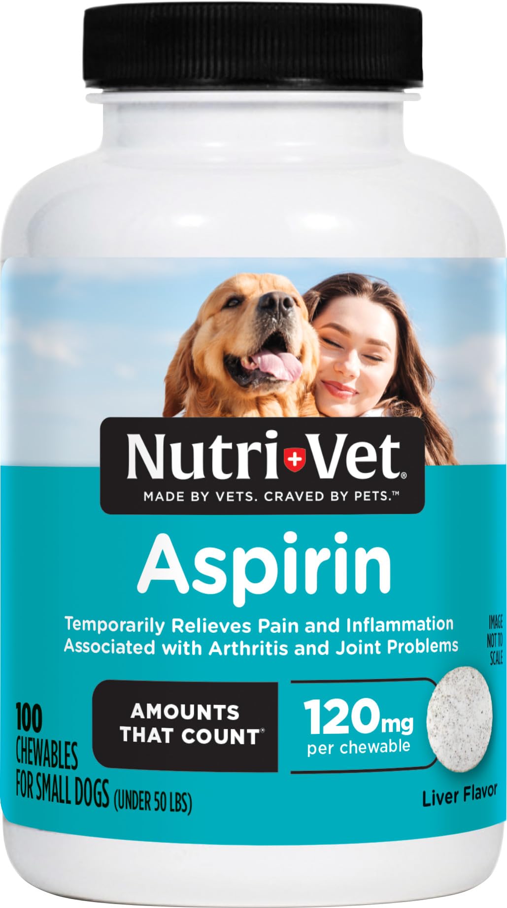 Nutri-Vet Aspirine pour chiens – bouteille et comprimés au goût foie, soutien potentiel pour douleurs.