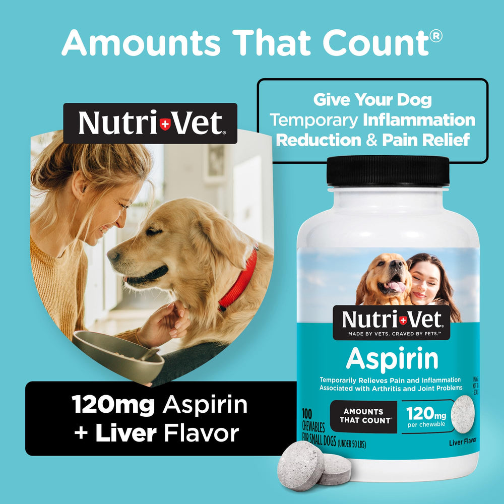 Nutri-Vet Aspirine pour chiens – tablettes goût foie, usage quotidien simple.