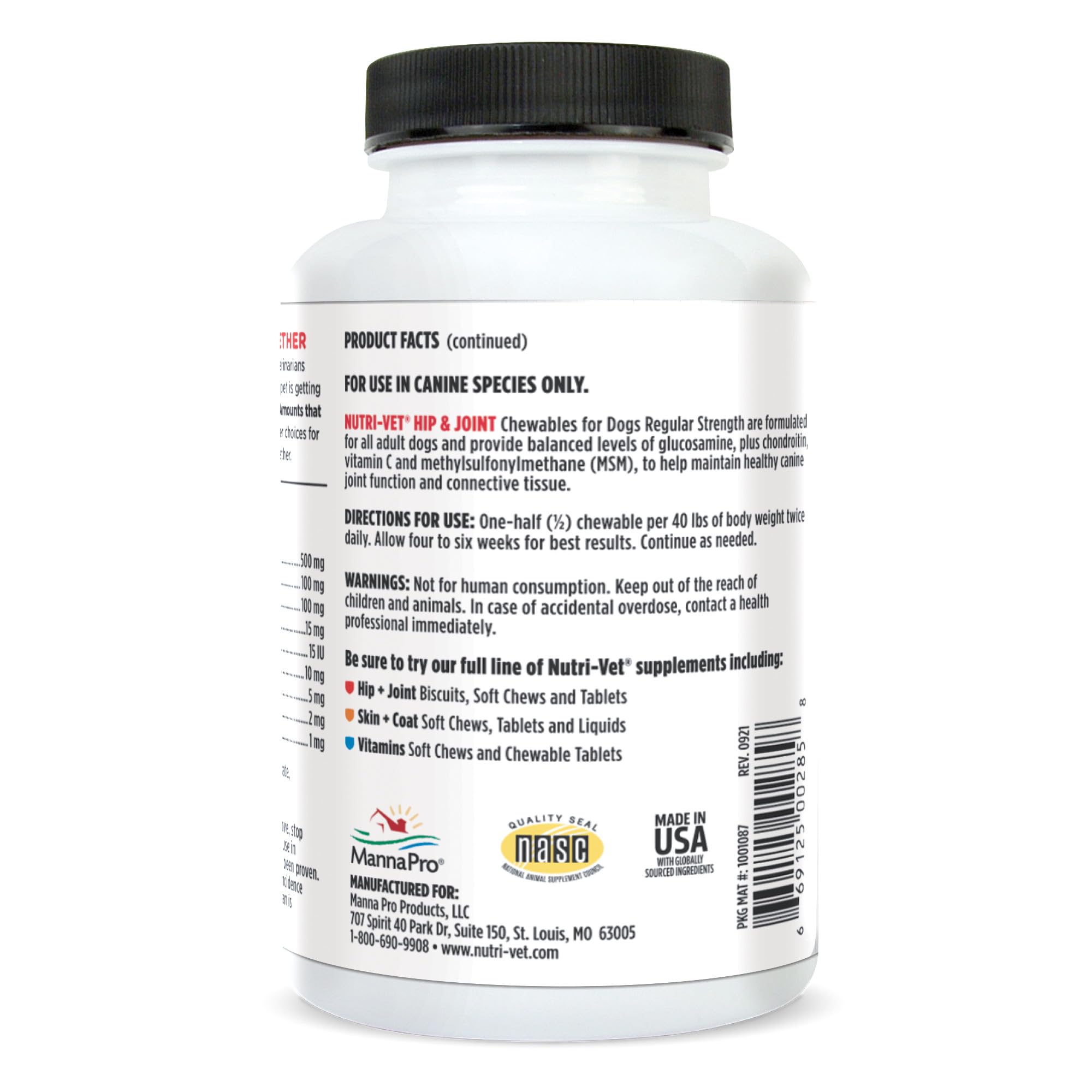 Nutri-Vet glucosamine chondroitine MSM hyaluronique : ingrédients actifs soutenant l'hydratation et le cartilage.