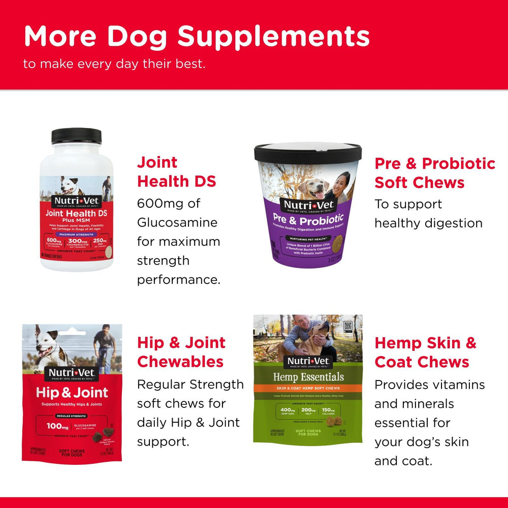 Nutri-Vet ingrédients de qualité, glucosamine et autres composants essentiels.