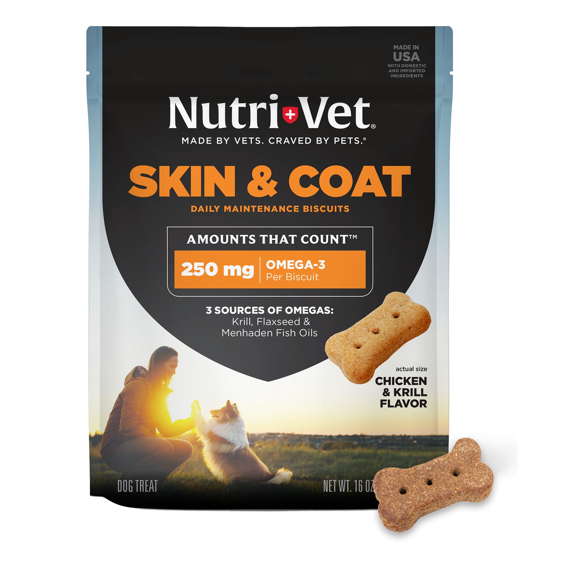Emballage Nutri-Vet montrant les biscuits peau et poil pour chien.