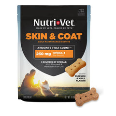 Emballage Nutri-Vet montrant les biscuits peau et poil pour chien.