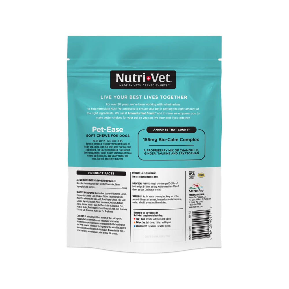 Nutri-Vet Pet-Ease Chews: ingrédients naturels camomille et tryptophane pour le bien-être.