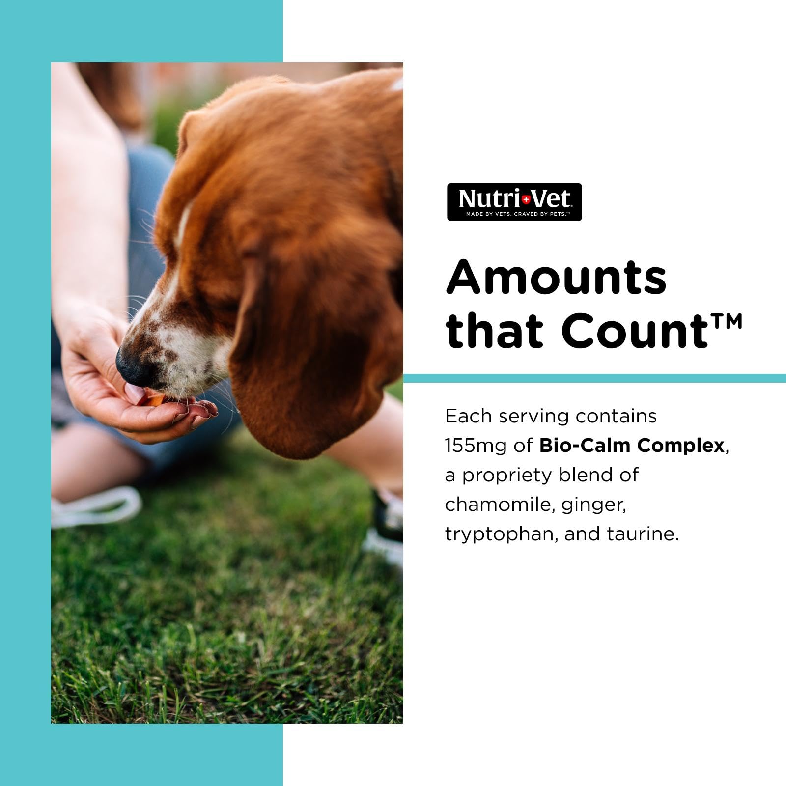 Nutri-Vet Pet-Ease Chews: main montrant les friandises, utilisation quotidienne facile.