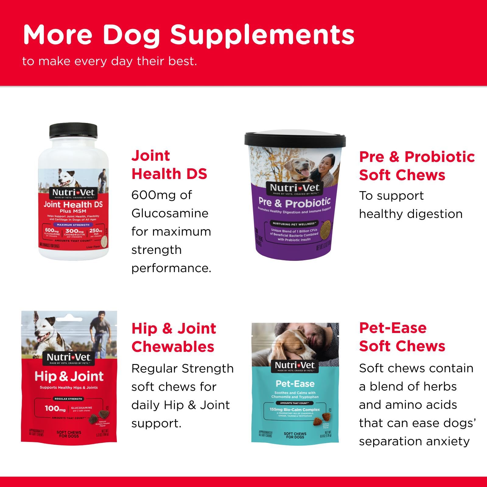 Soutien quotidien hanches et articulation avec Nutri-Vet, récompense savoureuse pour chien.