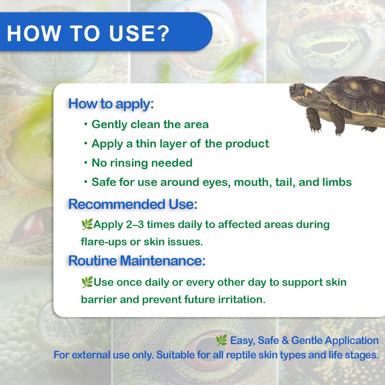 Nutriarise : barrière légère sur peau reptile pour aider à maintenir la propreté.