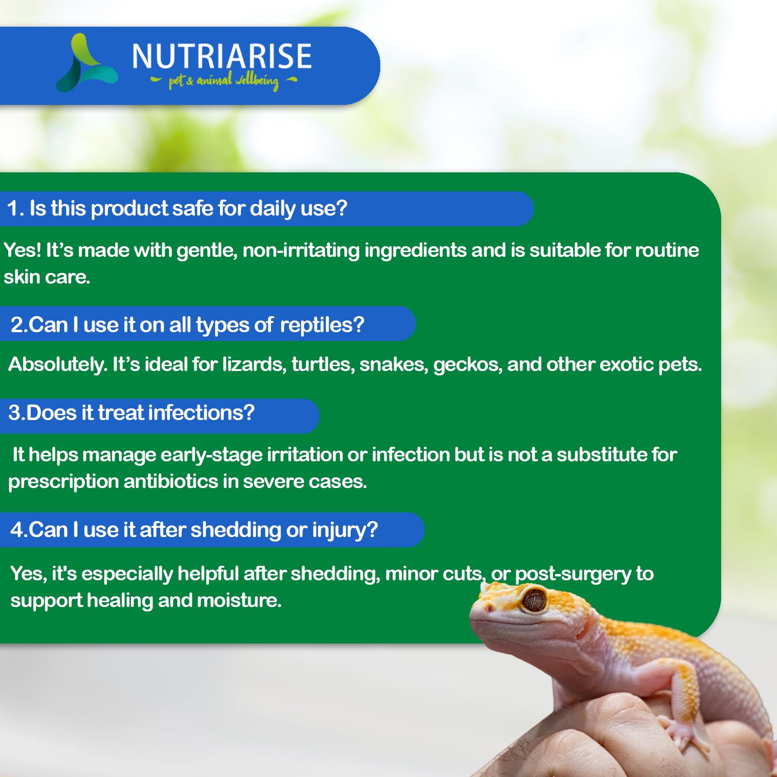 Nutriarise : traitement doux pour peau des reptiles, favoriser la récupération.