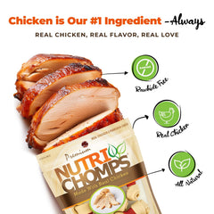 NutriChomps ingrédients poulet et peau de porc, goût nourrissant.