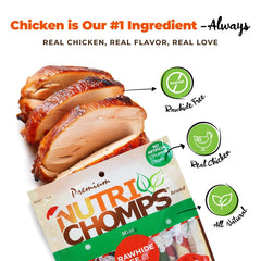 NutriChomps ingrédients poulet et peau de porc, friandise protéinée et naturelle.