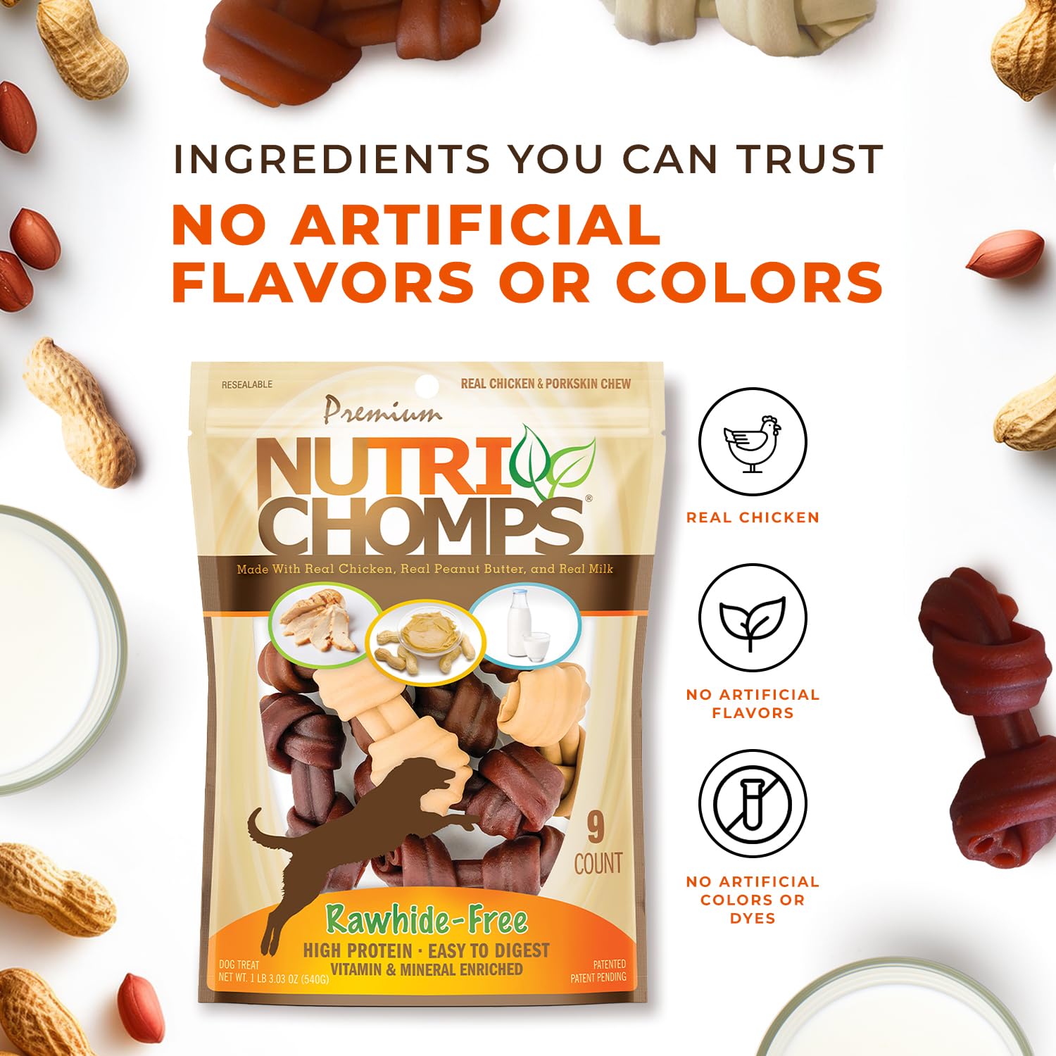 NutriChomps sans cuir brut visuel: bouchée digestible et sûre pour estomacs sensibles.