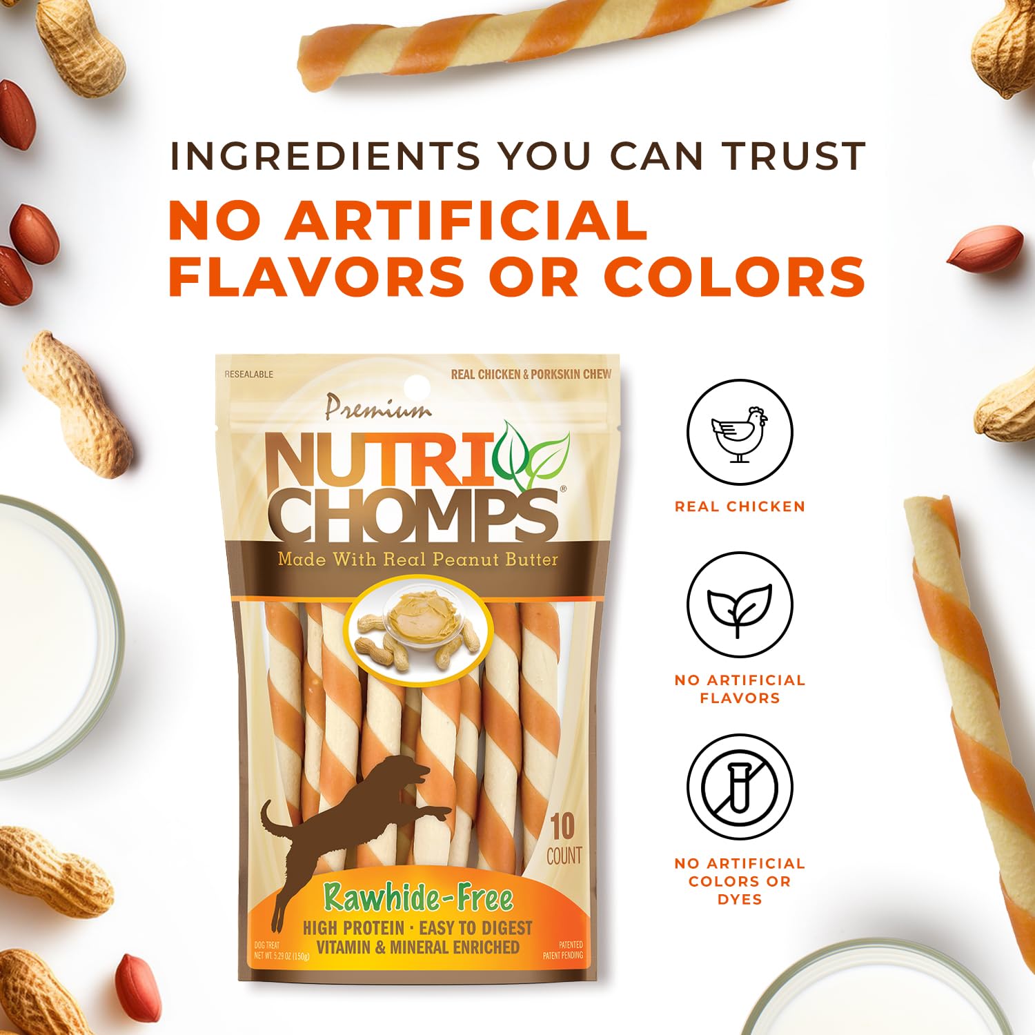NutriChomps sans cuir brut, friandise digeste et sans résidus.