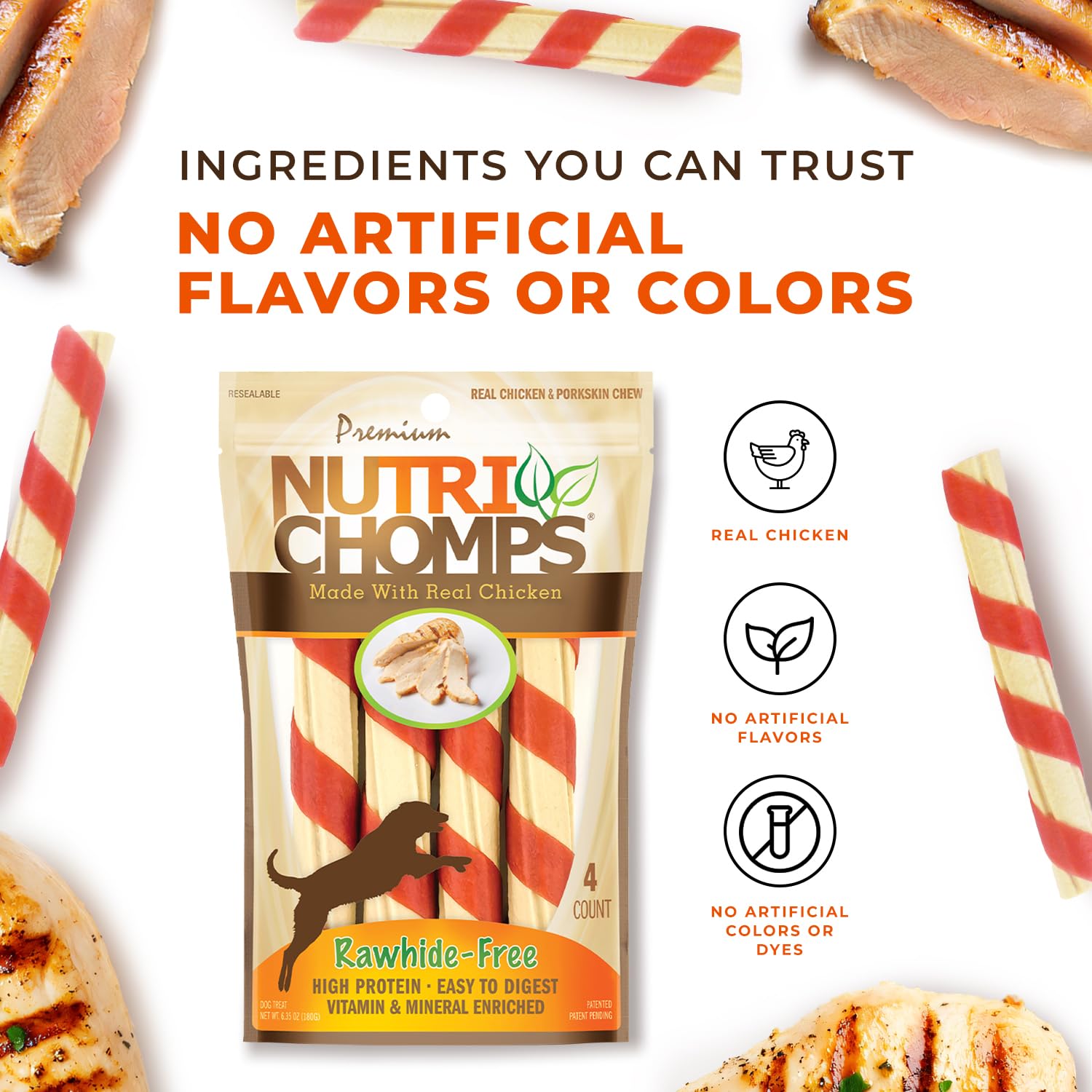 NutriChomps saveur poulet-beurre-arachide-lait : goût irrésistible pour chiens exigeants.