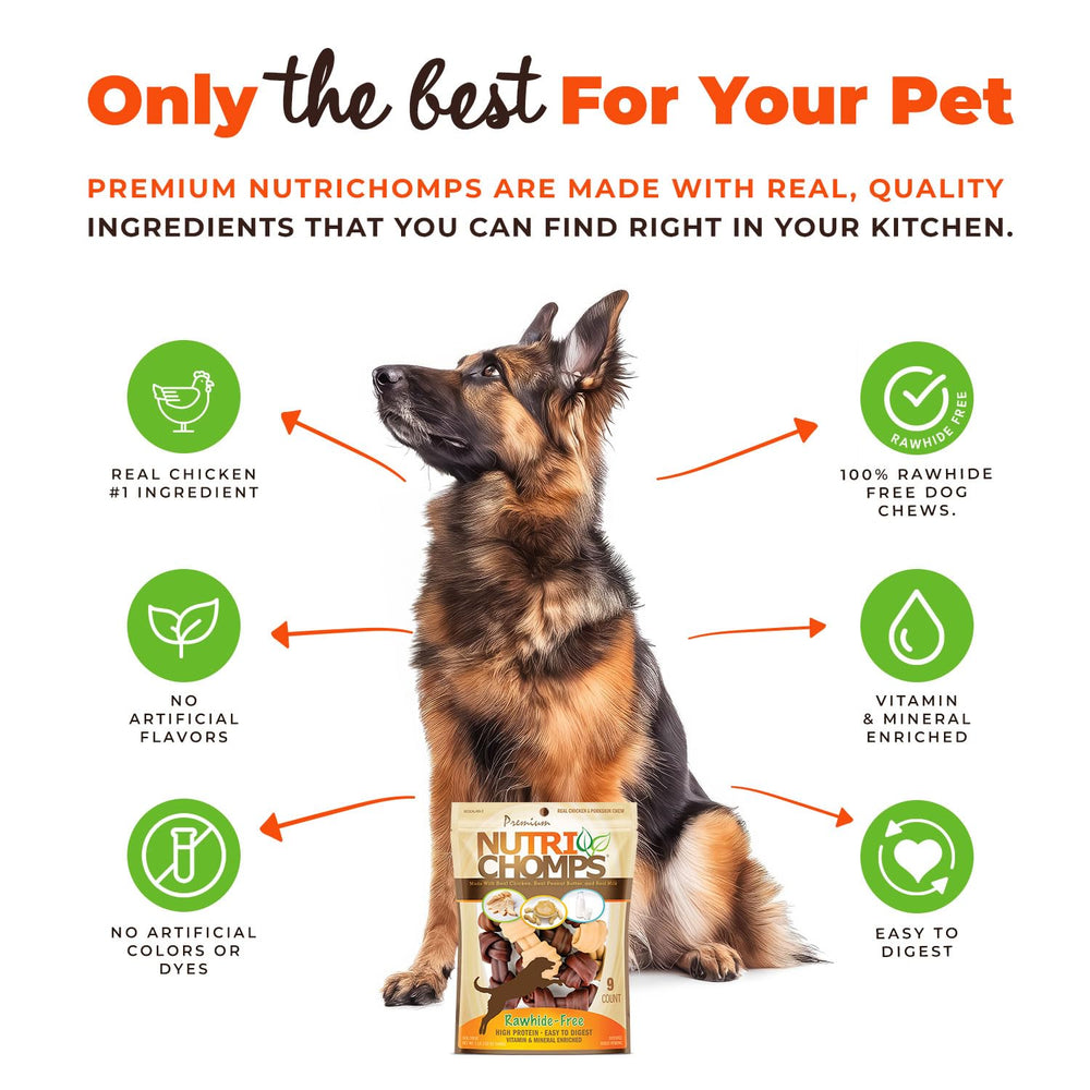 NutriChomps saveur poulet-beurre-de-cacahuète-lait visuel: goût irrésistible pour chiens difficiles.