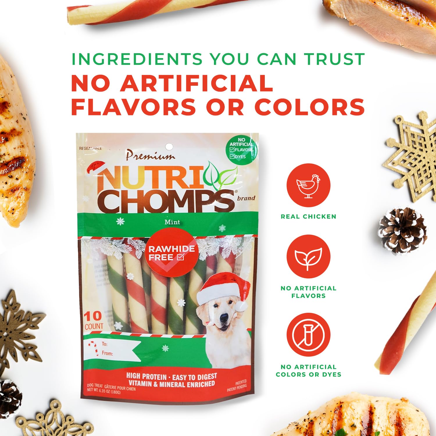 NutriChomps texture équilibrée, adaptée à toutes les tailles de chiens.